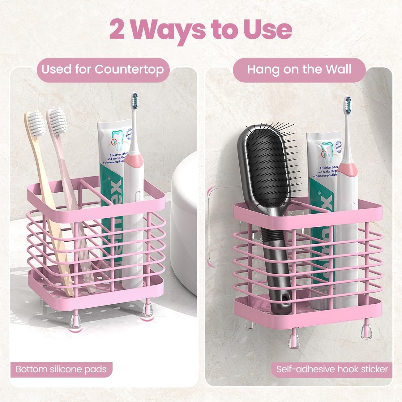 Luxspire Toothbrush Holders for Bathroom, Stainless Steel Electric Toothbrush Holder Wall Mounted, Shower Toothbrush Toothpaste Holder, Bathroom Organizer Essentials, 2 Slots, Pink