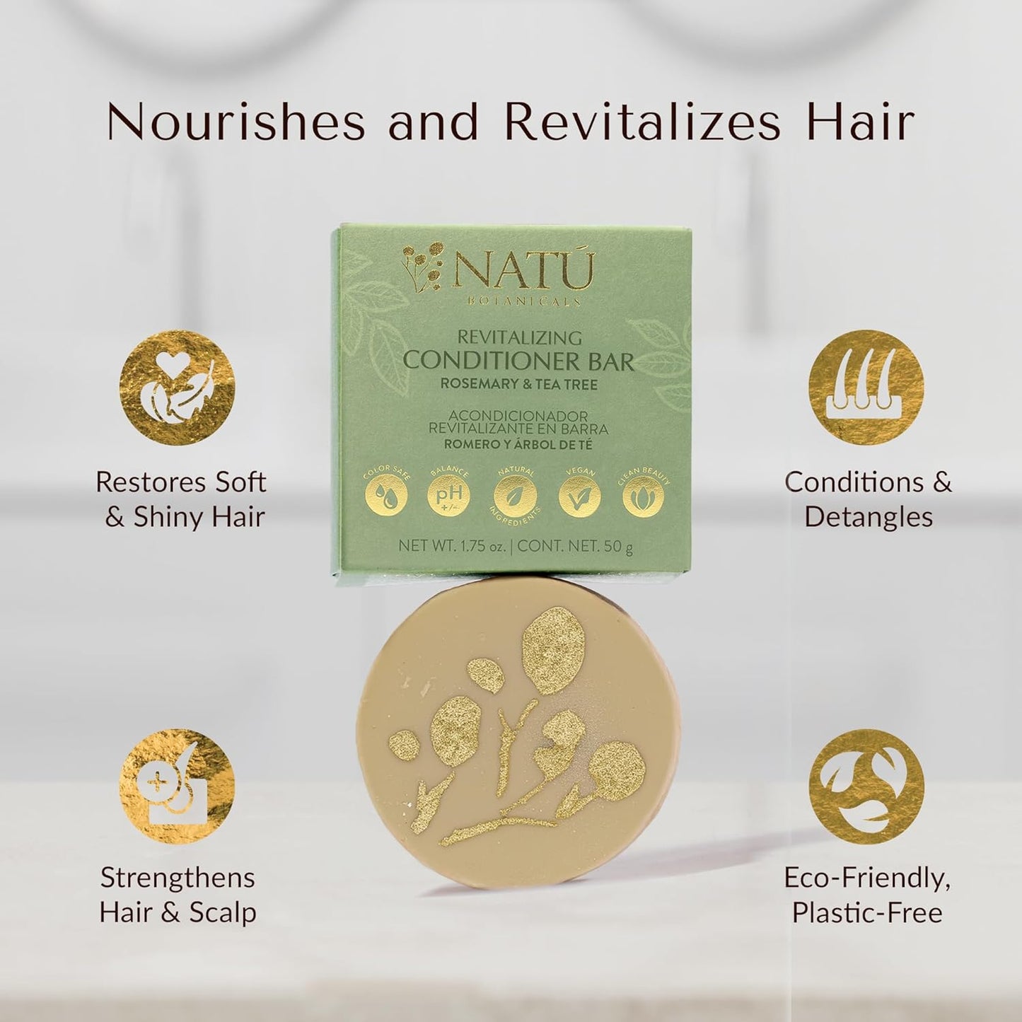 NATÚ BOTANICALS Revitalizing Hair Conditioner Bar – Rosemary & Tea Tree - Hydrating Conditioner for Dry & Frizzy Hair - Deeply Nourishes & Detangles - Supports Healthy Hair Growth - Zero-Waste