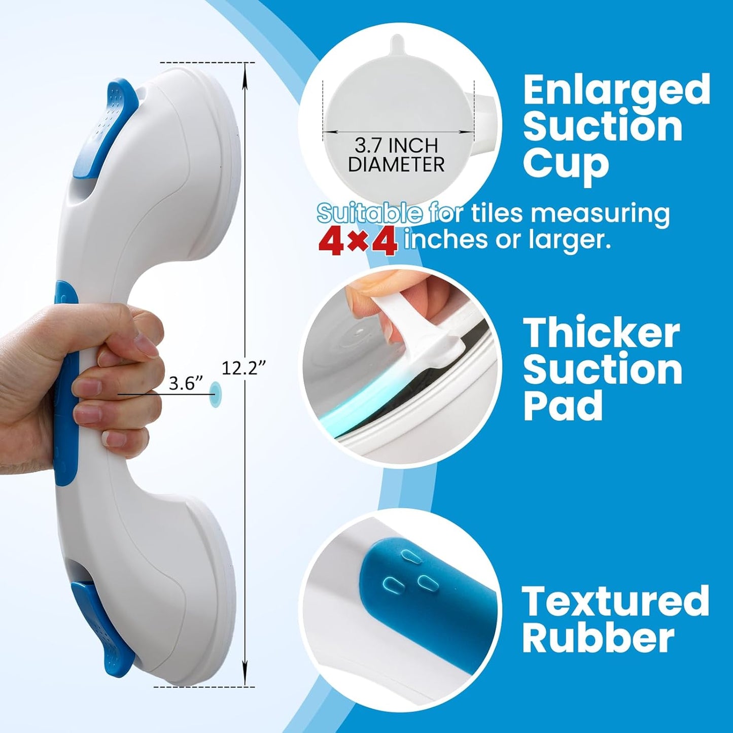 Shower Grab Bar Suction Cup 12 inch, Grab Bars for Bathtubs, Bathroom Safety Grip Shower Handle for Elderly and Seniors, Bath Handrails Removable & Reusable Waterproof, No Drilling, Blue