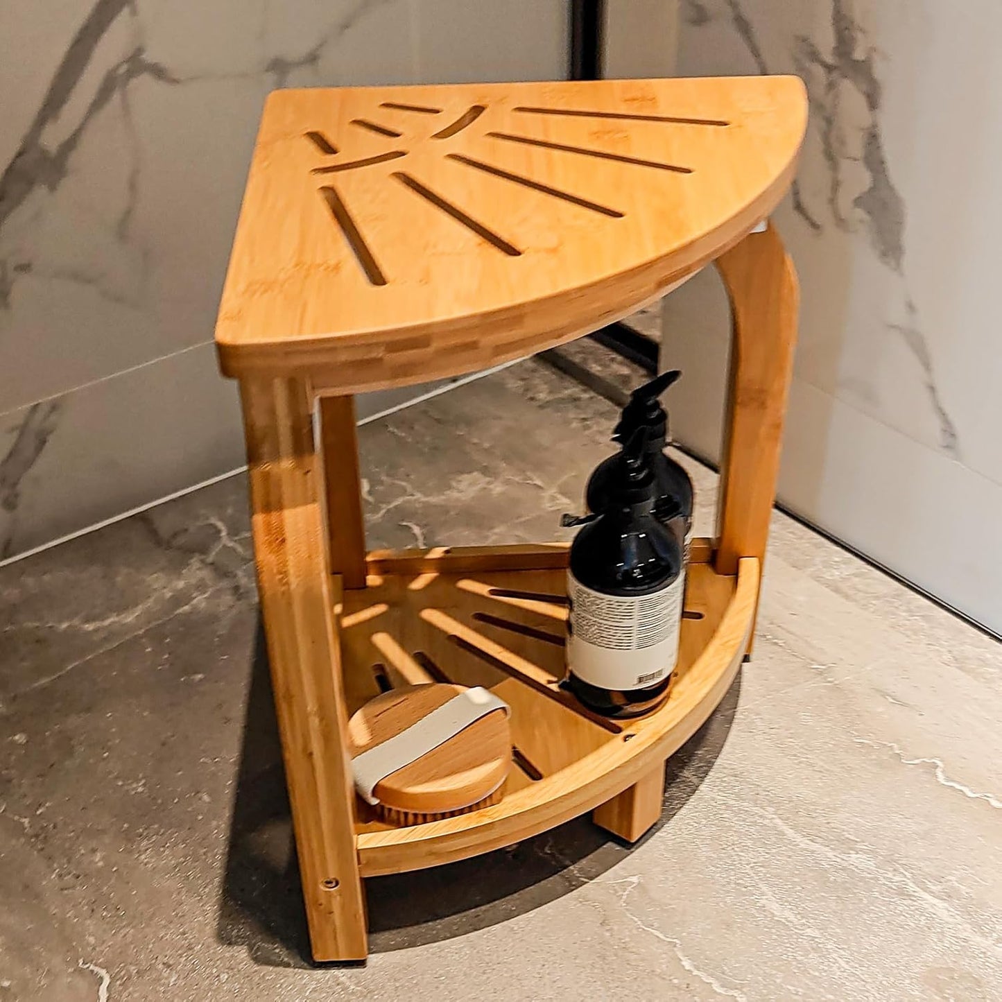 KingPavonini Bamboo Corner Shower Stool for Shaving Legs Foot Rest, Waterproof Bath Bench Seat with Storage Shelf for Bathroom Inside Shower, Hold Up to 450Lbs