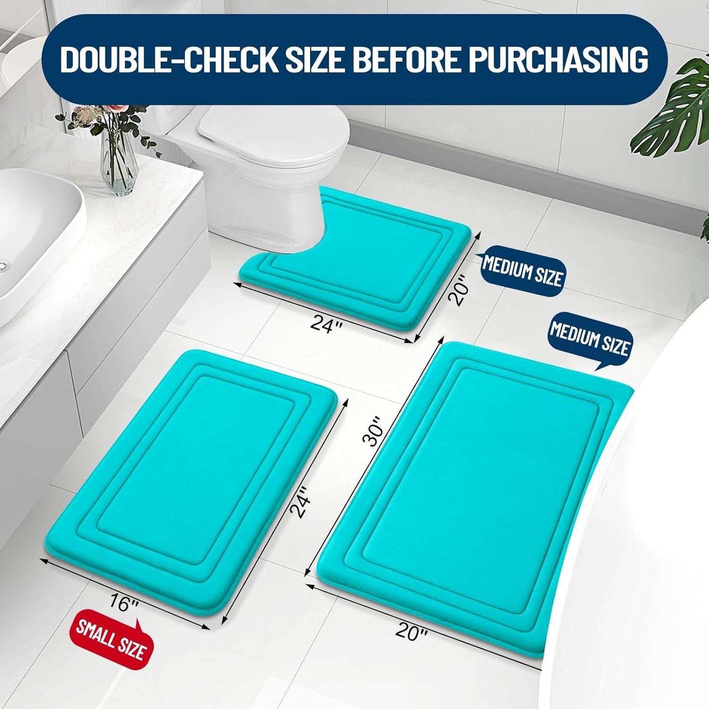 Grandaily Memory Foam Bath Mat Rug 36x24, Ultra Soft, Non-Slip and Absorbent Bathroom Rugs, Machine Wash Dry, Comfortable Bath Carpet for Bathroom Floor, Tub and Shower, Teal