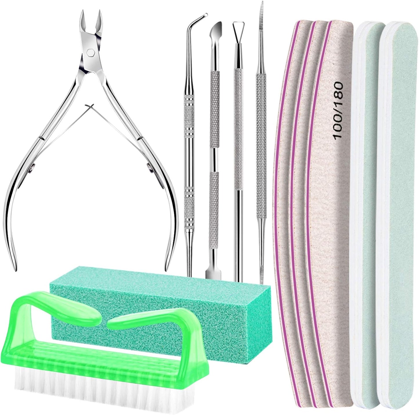 FANDAMEI Nail Tools, Nail Care Kit, Nail Files 100/180, Nail Buffer Block, Cuticle Nippers, Cuticle Pusher, Cuticle Peeler, Nail Lifter for Ingrown Toenails, Toenail File, Manicure Kit, Green