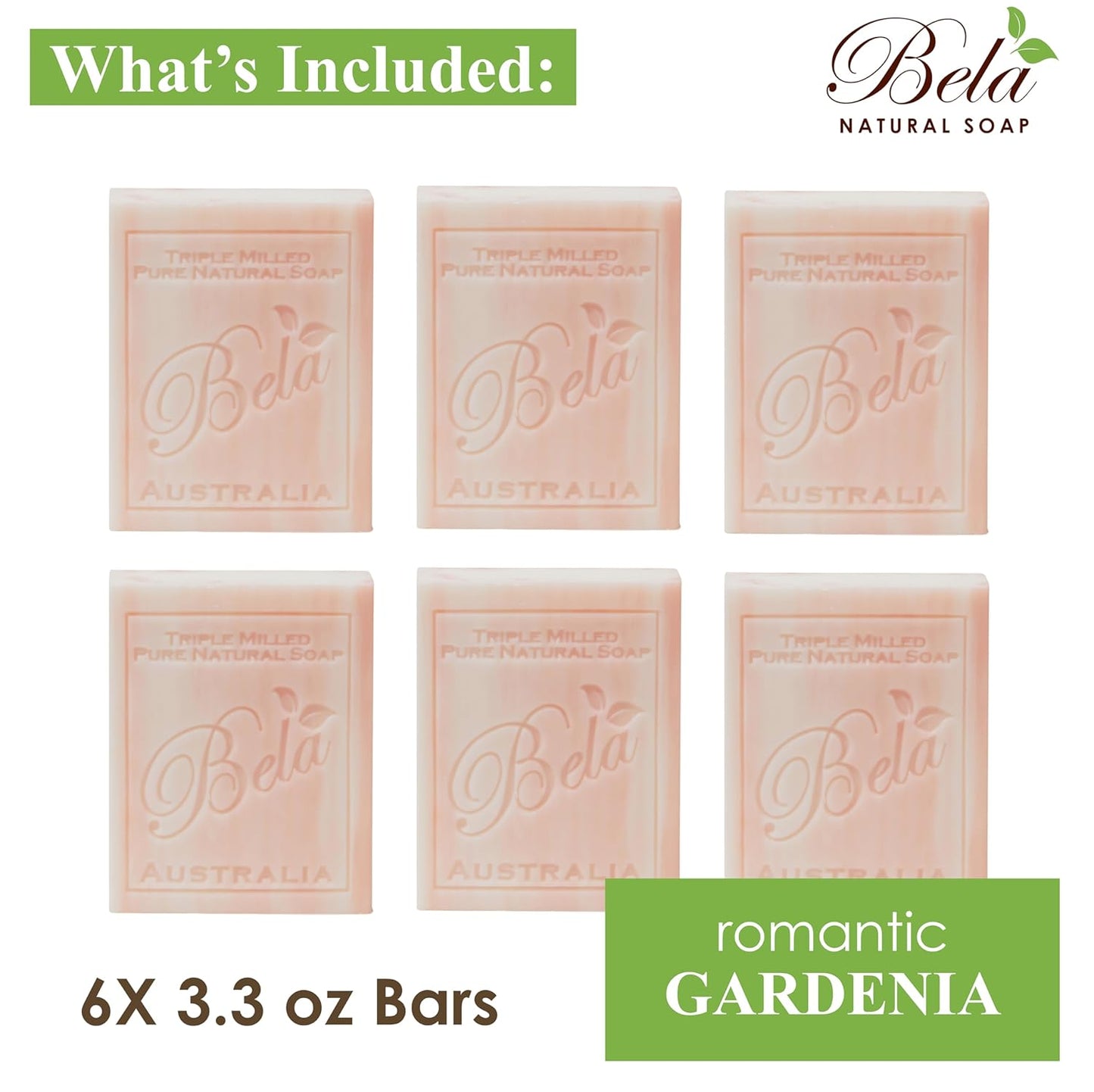 BELA Romantic Gardenia Soap 3.3 OZ Pack of 6, Long Lasting French Triple Milled Bar Soap with Organic Shea Butter Hand, Face and Body Wash Bar, Made in Australia