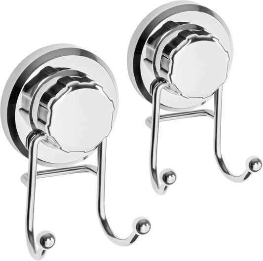 HASKO Suction Cup Hooks for Shower Wall, Removable Towel Hooks for bathrooms, Includes Optional No Drill Adhesive Mount for Inside Shower, Rustproof Stainless Steel - 2 Pack, Chrome