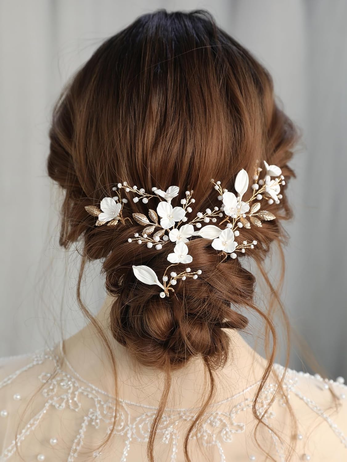 Beads Pearl Hair Pins, 6 Pcs Bridal Handmade White 3D Pinch Flower Fairy Bride Wedding Hair Pieces Leaf U Shaped Hair Accessories Headpiece Bridesmaids Women Girls Gold