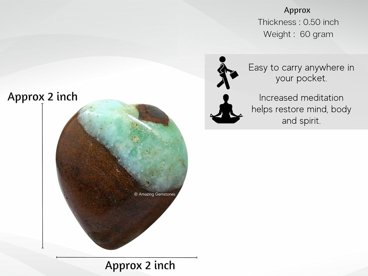 Amazing Gemstone Chrysoprase Crystal Heart Palm Stone - Pocket Massage Worry Stone for Natural Body Chakra Balancing, Reiki Healing and Crystal Grid