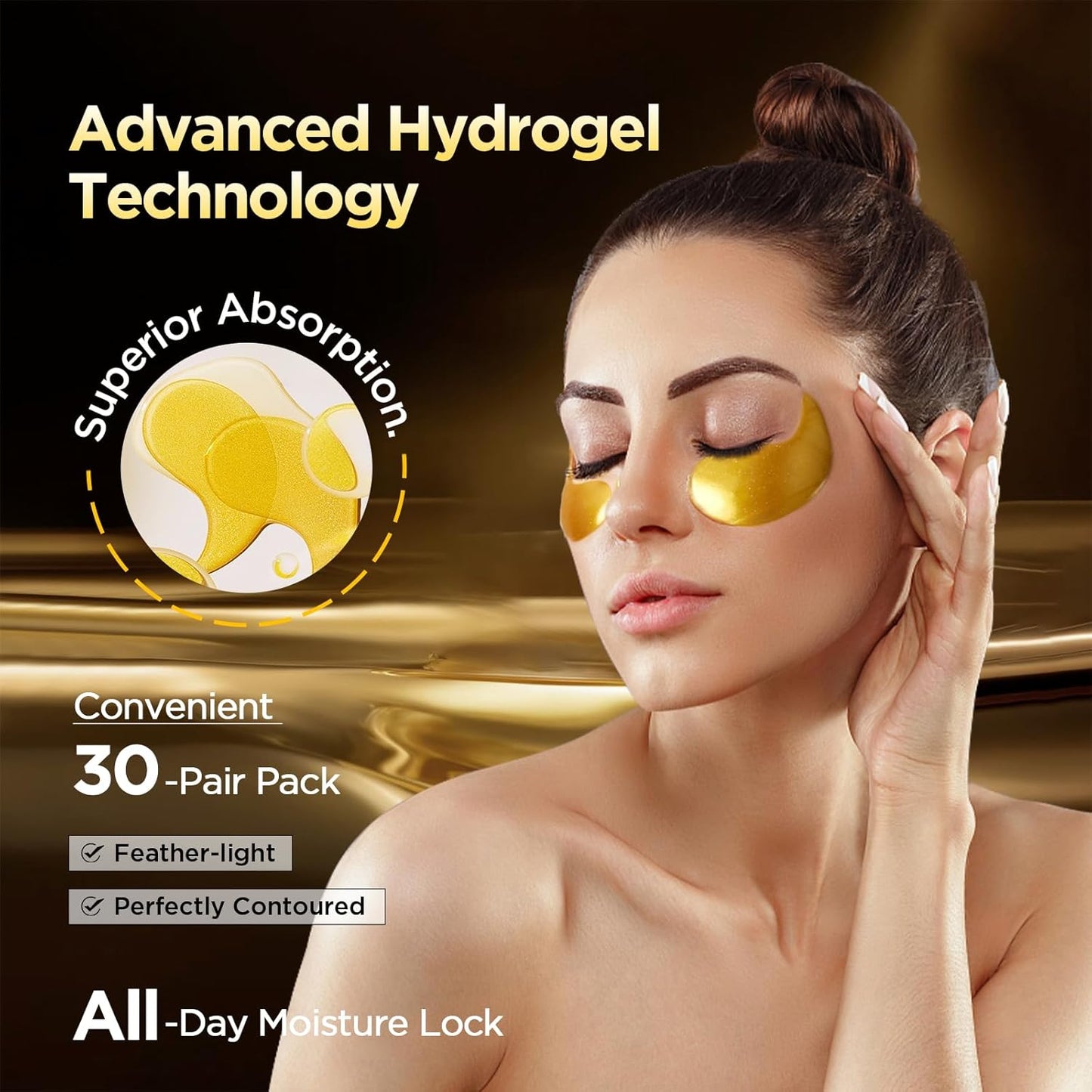 24k Gold Under Eye Patches - Firming, Glowing & Hydrating Hydrogel Mask for Puffy Eyes, Dark Circles, Wrinkles, Eye Bags Treatment, Gifts for Women and Men, 60Pcs Black