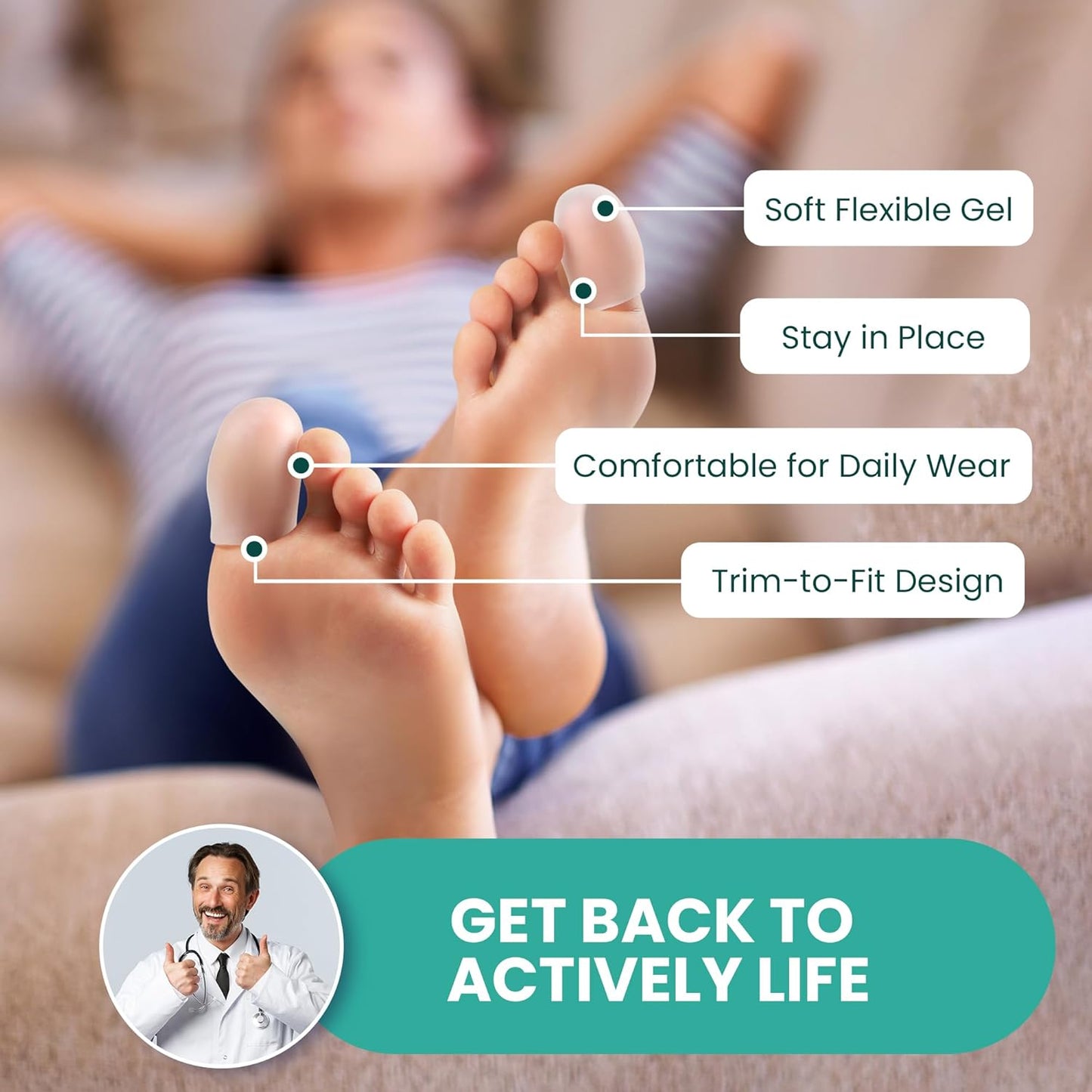 Welnove Gel Toe Cap and Protector - Silicone Toe Covers - Toe Cushions for Pain Relief, Missing or Ingrown Toenails, Corns, Calluses, Blisters - Infused Aloe Vera Extract (8 Large, Clear)