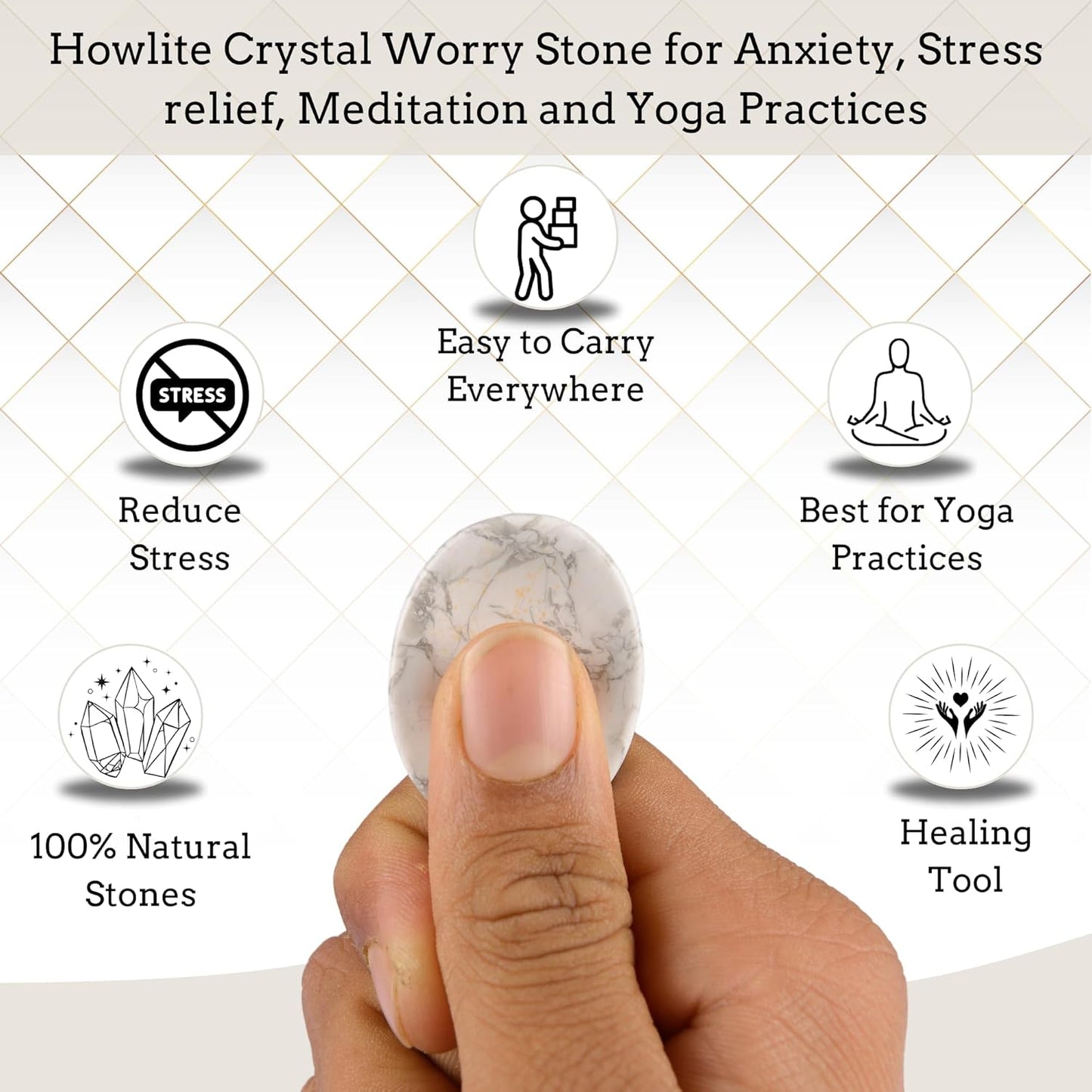 Howlite Worry Stone – Crystal Thumb Worry Stones for Anguish, Stress – Relaxing and Soothing Balance Stones for Meditation, Stress Relief – Healing Stones and Crystals for Men and Women