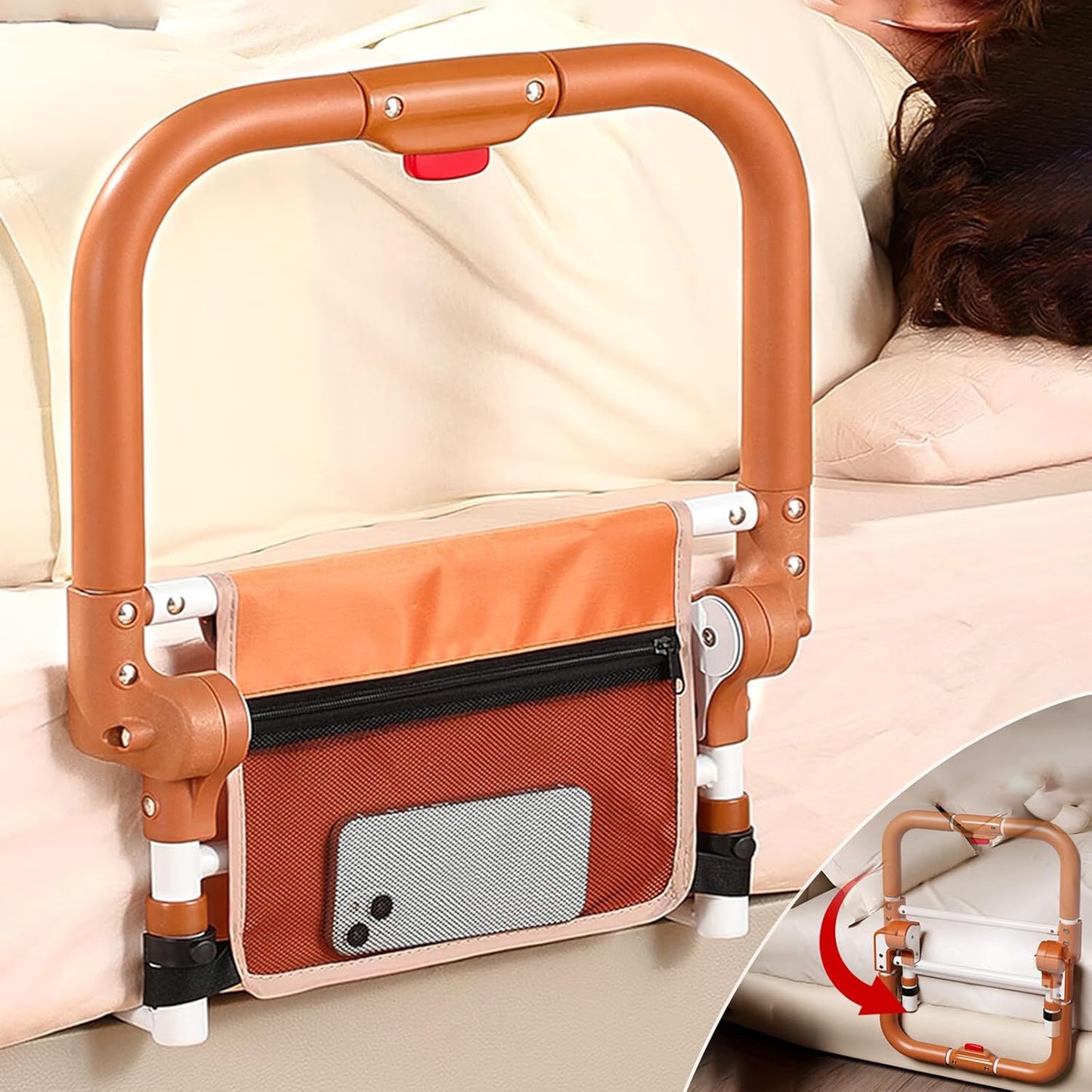 Folding Bed Rails for Elderly Adults Safety, Adjustable Height Bed Assist Rails for Seniors, Foldable Bed Side Rails with Non-Slip Handle and Storage Pouch, Fits King Queen Full Twin Beds