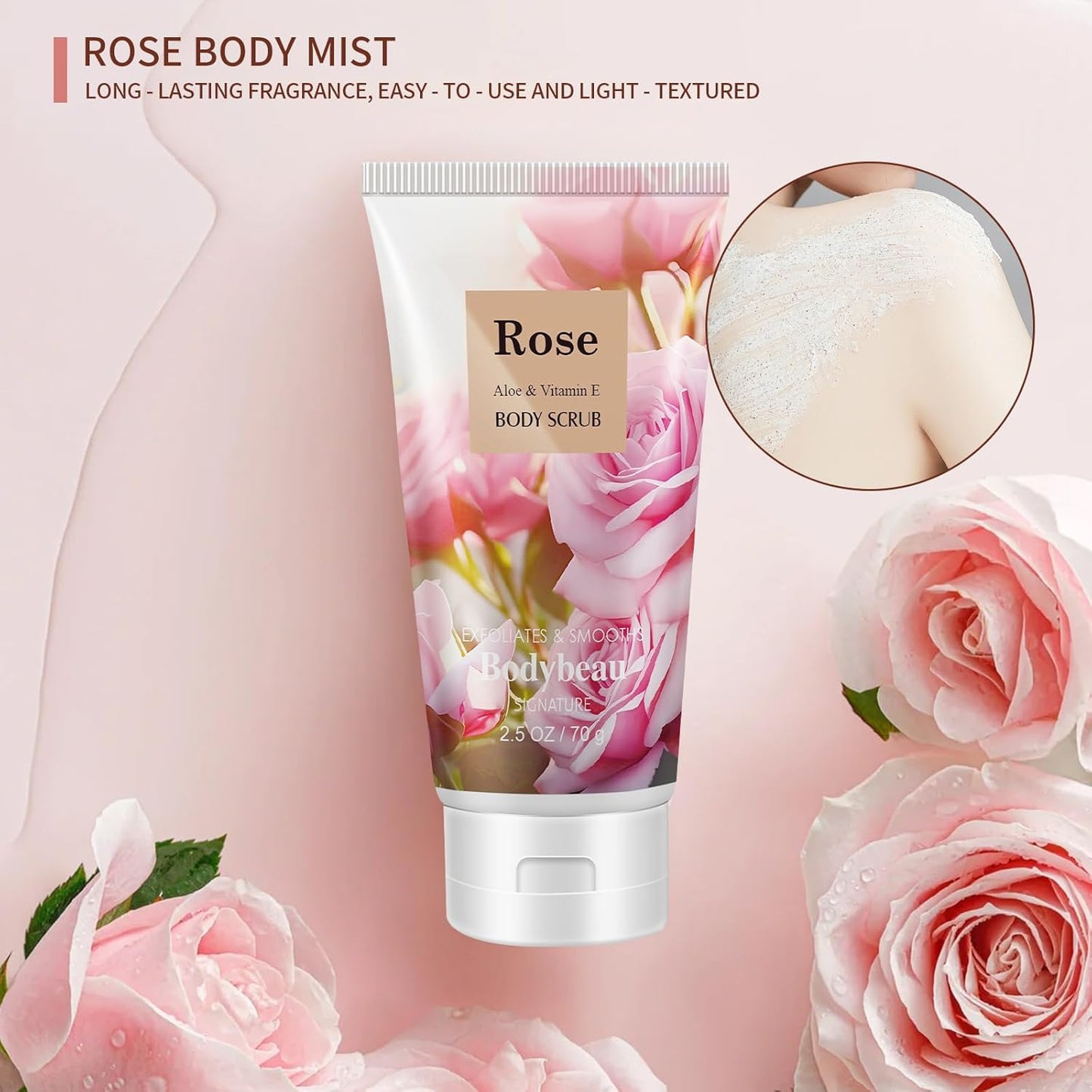 Bath and Body Gift Set for Women & Girls, Rose 4PCS Set for - Shower Gel, Body Lotion, Body Mist, Exfoliating Scrub, Personal Portable Body Care Travel Set