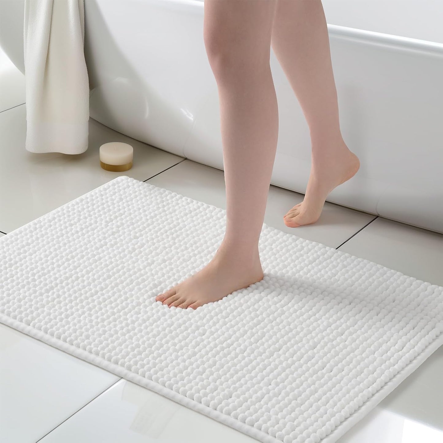 FRESHMINT Thick Chunky Chenille Bathroom Rug, 24"x36", Non Slip Bath Mat, Soft Bathroom Decor, Cute Shower Mat, Water Absorbent, Washable, Bright White