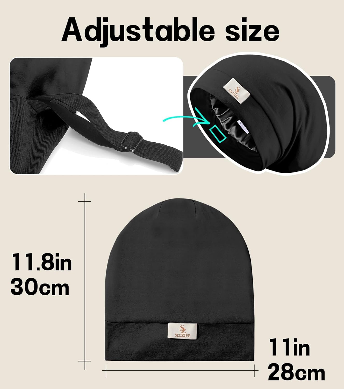 2pcs Silk Satin Bonnet Hair Wrap for Sleeping, Adjustable Strap Curly Natural Hair Night Caps for Women Men(Black&Black)