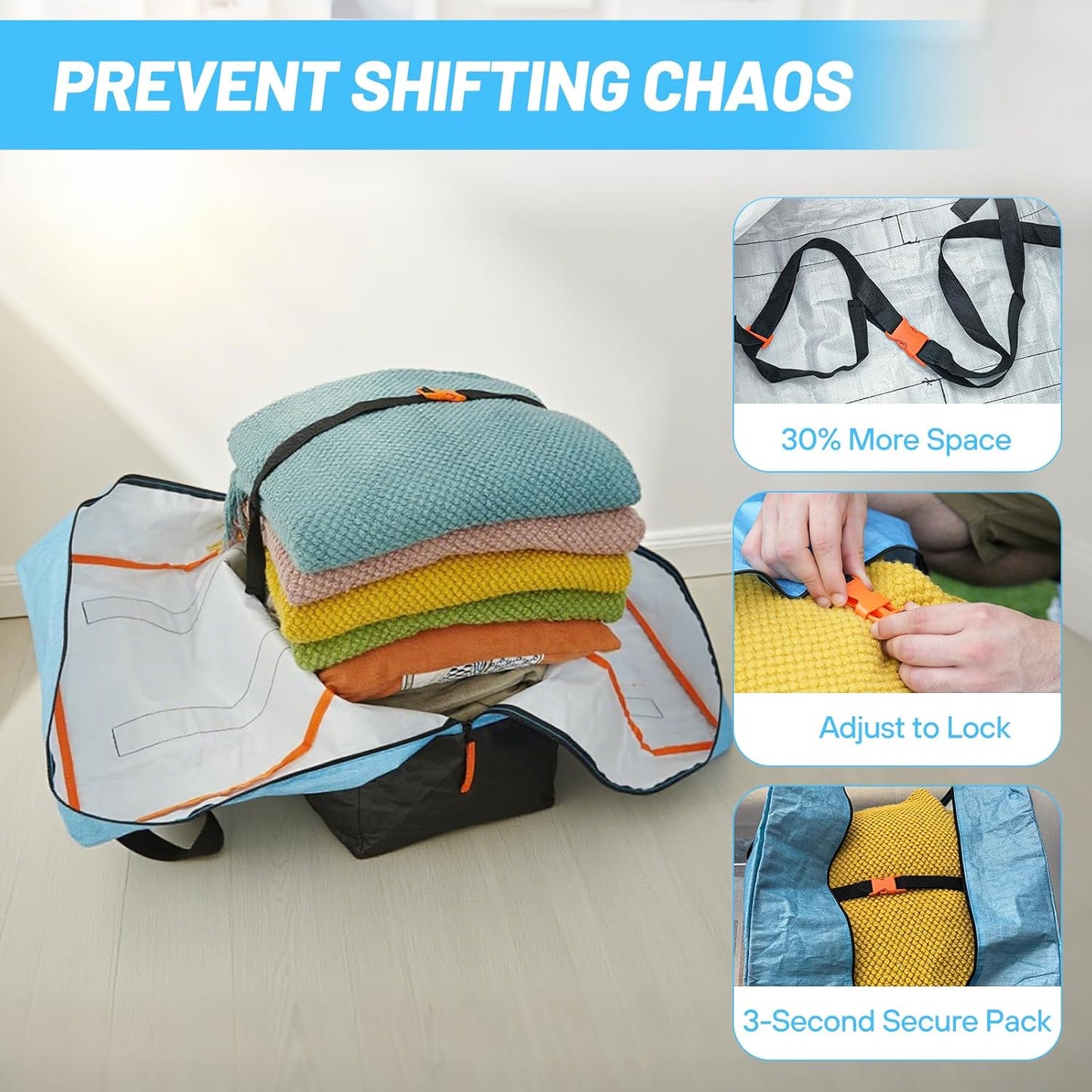 2 Pack Moving Bags, Heavy Duty Storage Bags with Zipper, Extra Large Packing Bags with Internal Compression Straps, Wrap Around Handles, Alternative to Moving Boxes, Blue and Black