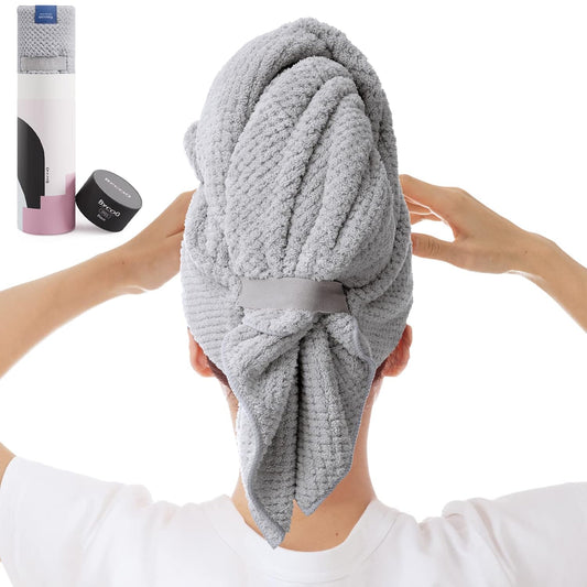 Large Microfiber Hair Towel Wrap for Women, Anti Frizz Hair Drying Towel with Elastic Strap, Fast Dry | Super Absorbent | Quick Dry Hair Turban for Wet, Curly, Long & Thick Hair -Gray
