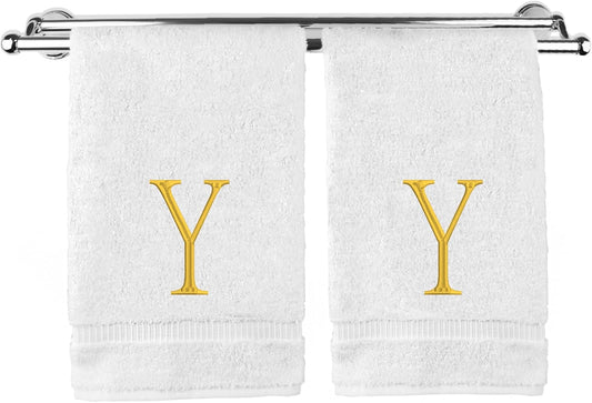 Monogrammed Hand Towel, Personalized Initial Gift, Extra Absorbent 100% Turkish Cotton - Soft Terry Finish - Set of 2 - Gold Block Initial Y - Embroidered on White Towels