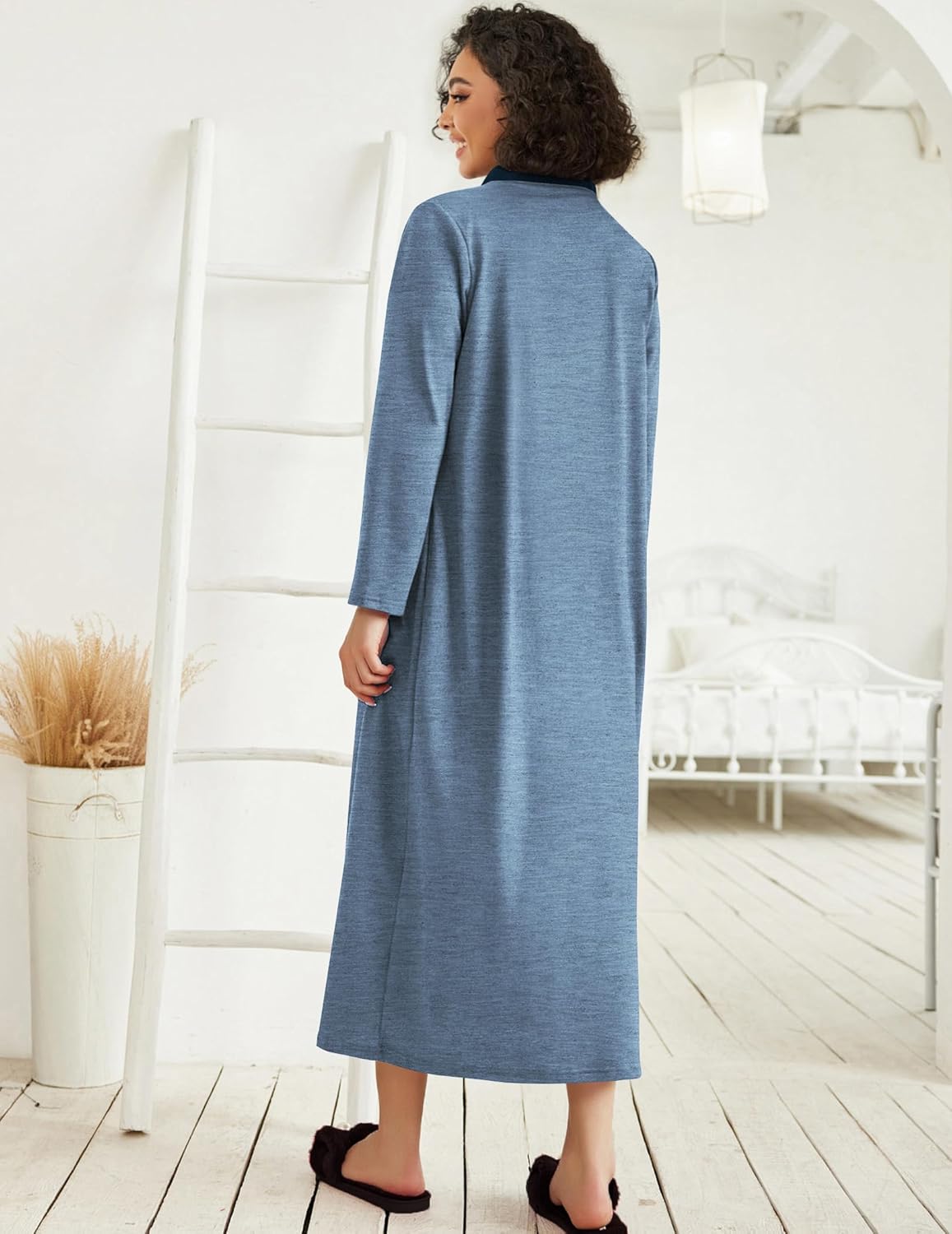 Ekouaer Women Zipper Robe Long Sleeve Loungewear Lightweight Housecoat Full Length Nightgown with Pockets