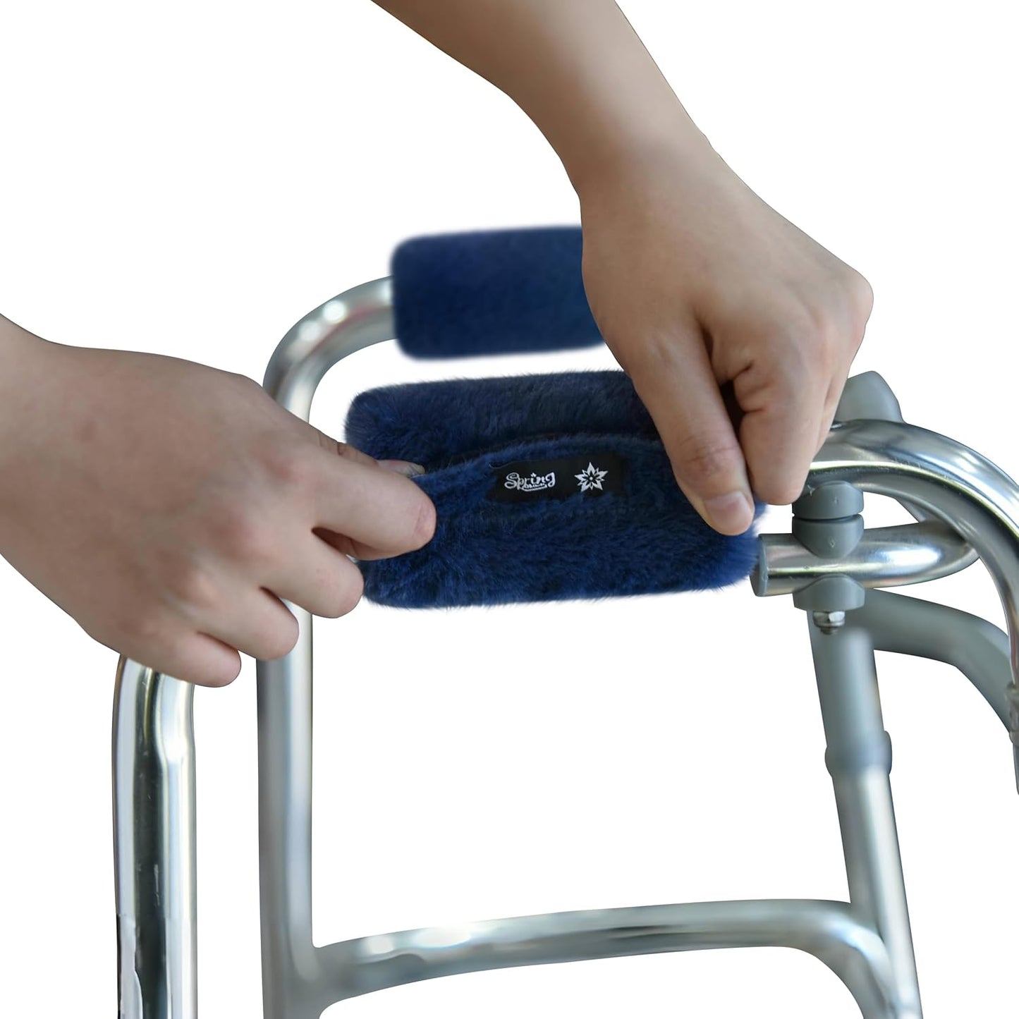 SPRING SEAON Walker Hand Pads Fluffy Walker Handle Cushions Non-Slip Universal Walker Grips Padded Hand Covers Soft Pads for Walkers for Seniors Walker Pads for Handles Folding Rolling Wheelchair, Rollator Handle, Elderly Grippers 2 Pack (Navy Blue)