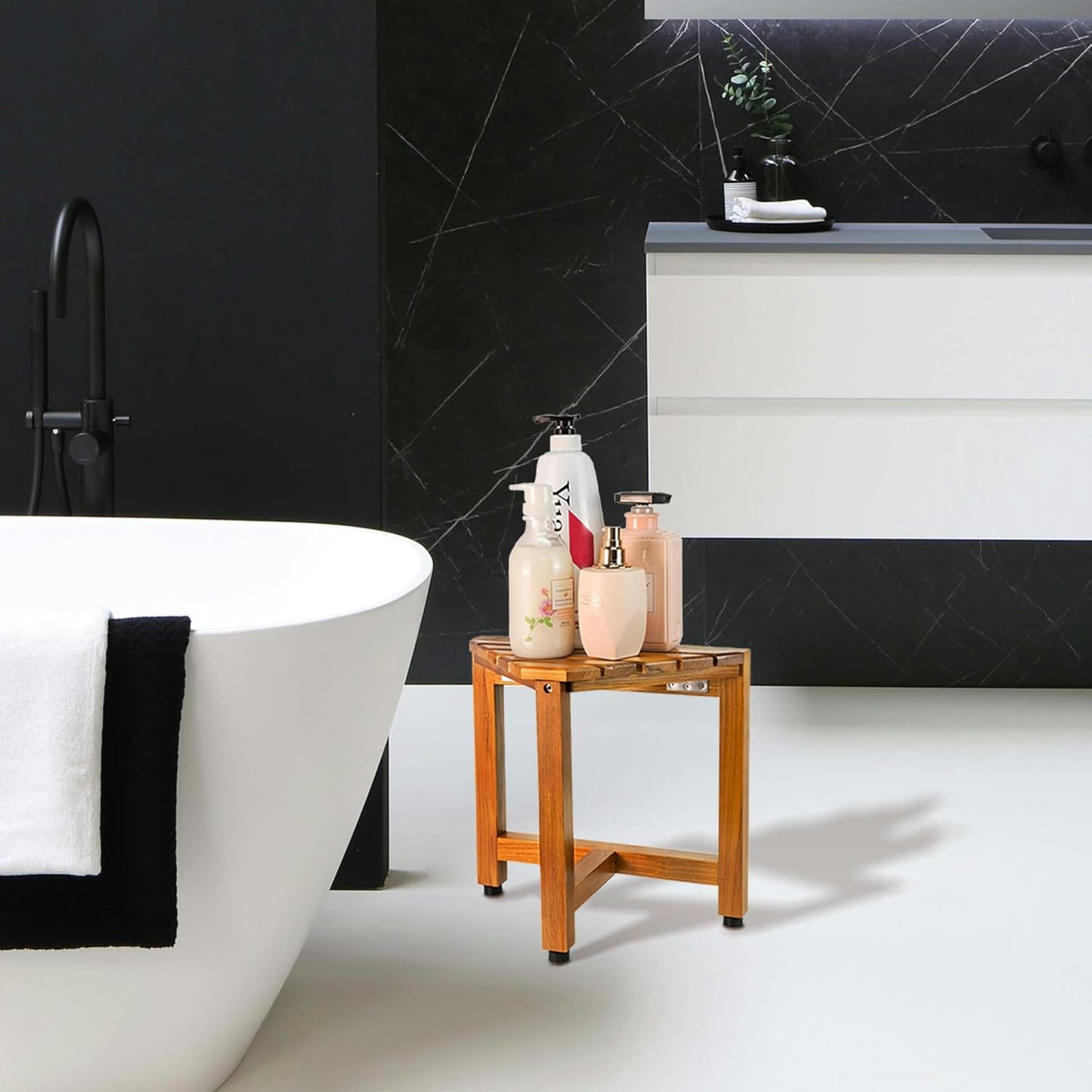 VaeFae Teak Shower Corner Bench, Wooden Foot Rest, Shower Bench for Shaving, Corner Shower Stool for Inside Shower, Bathroom