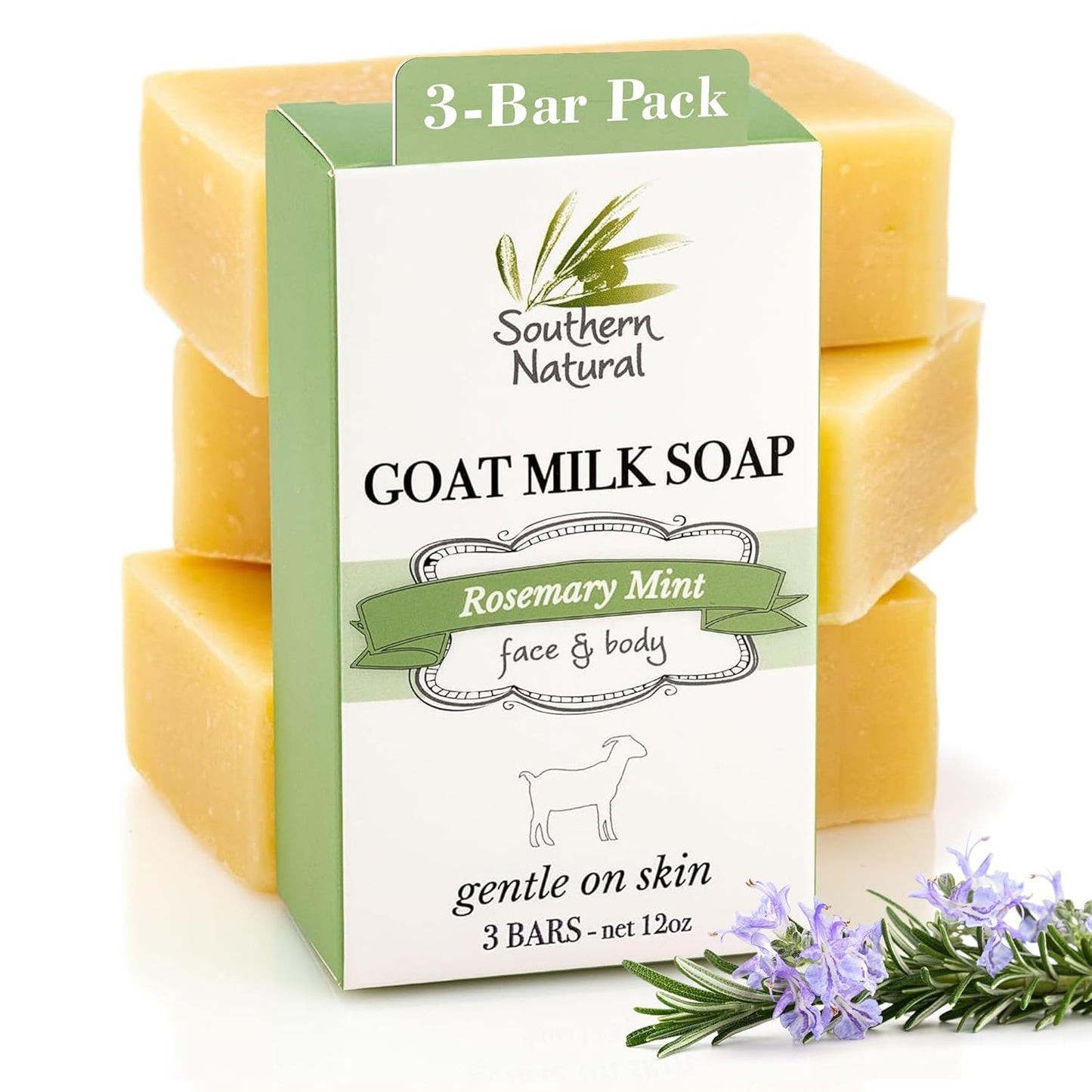 Southern Natural Goat Milk Soap Bar - 3 Pack Rosemary Mint - For Dry Sensitive Skin. Natural, Handmade Soap For Men, Women & Kids. Use On Face & Body