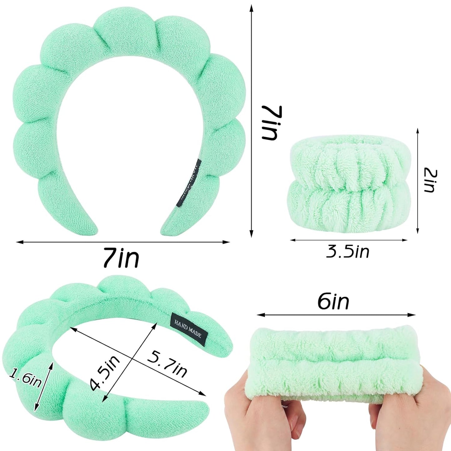 Zkptops Spa Headband for Washing Face Wristband Set Sponge Makeup Skincare Headband Wrist Towels Bubble Soft Hairband for Women Puffy Headwear Winter Non Slip Thick Thin Hair Accessory(Light Green-3)