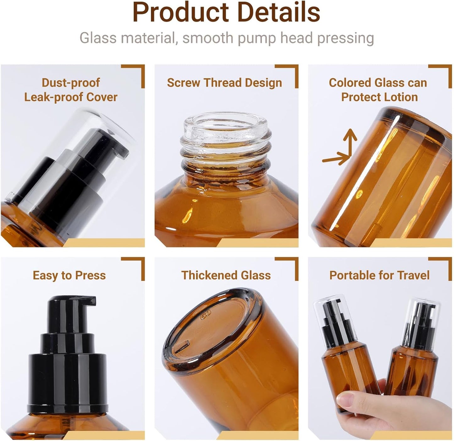 Segbeauty 2oz Refillable Glass Travel Size Empty Bottles, 5pcs Amber Lotion Pump Bottles Empty, 60ml Mini Travel Lotion Container, Small Cosmetic Container Bottle Pump Dispener for Creams Oils Liquids