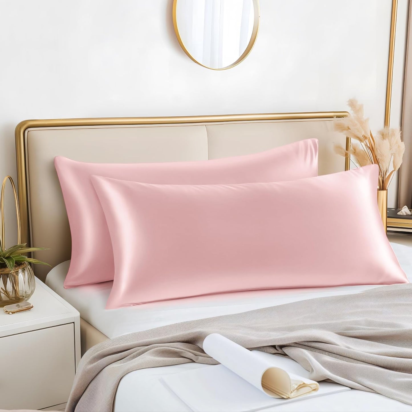 BEDELITE Satin Body Pillow Cover 2 Pack, Super Soft and Cooling Body Pillow Pillowcase for Hair and Skin, Breathable Silky Full Long Pillowcase Cover(20"x54", Pink)