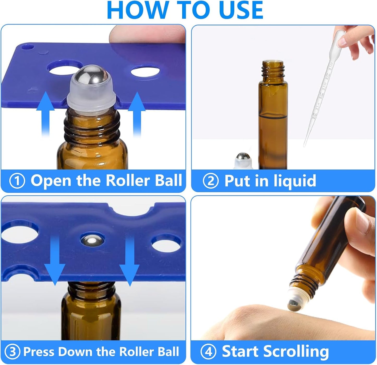 4 Pack of 0.34 Oz (10ml) Essential Oil Roller Bottles - Refillable, Leak-proof Amber Glass Roll-on Bottles with Stainless Steel Roller Balls, Metal Caps, and Labels Included