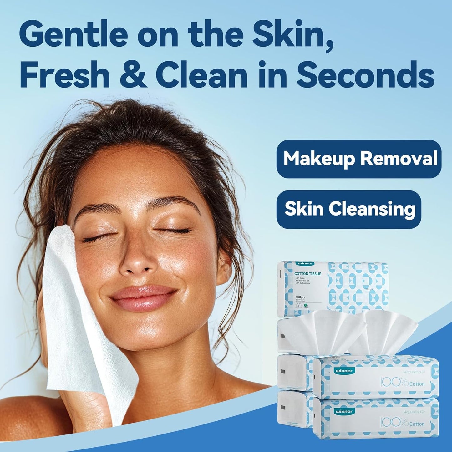 Winner Cotton Face Towels, 100% USDA Biobased Facial Towelettes, Disposable Face Towel XL, Odor-Free, Ultra Soft Makeup Remover Wipes for Sensitive Skin, Biodegradable, 100 Ct, 1 Pack