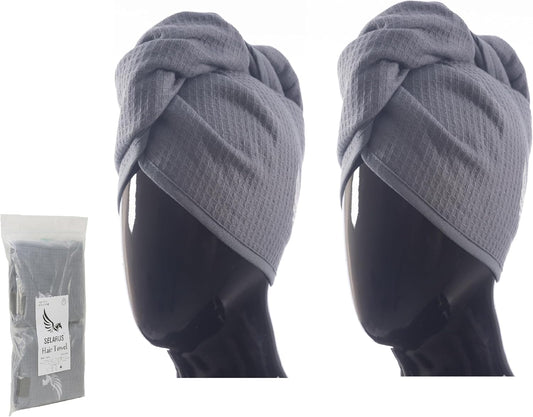 100% Turkish Cotton Hair Towel Wrap for Women,Non Microfiber,Super Absorbent,AntiFrizz,Plopping Hair Drying Waffle Bath Towels for Curly,Long&Thick Hairs,Head Wrap,2 Pack10x26inc (Grey+Grey)