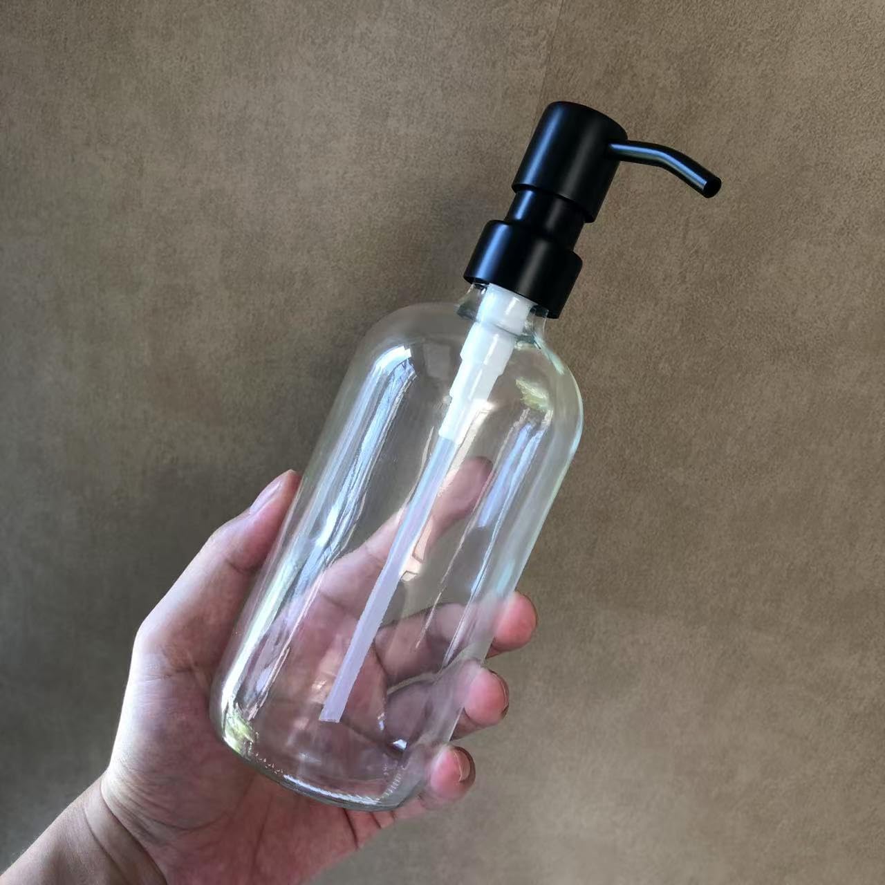 16oz Empty Stainless Steel Pump Bottles Dispenser 2 Pack Clear Refillable Pump Bottle for Shampoo, Liquid Soap, Massage Oil