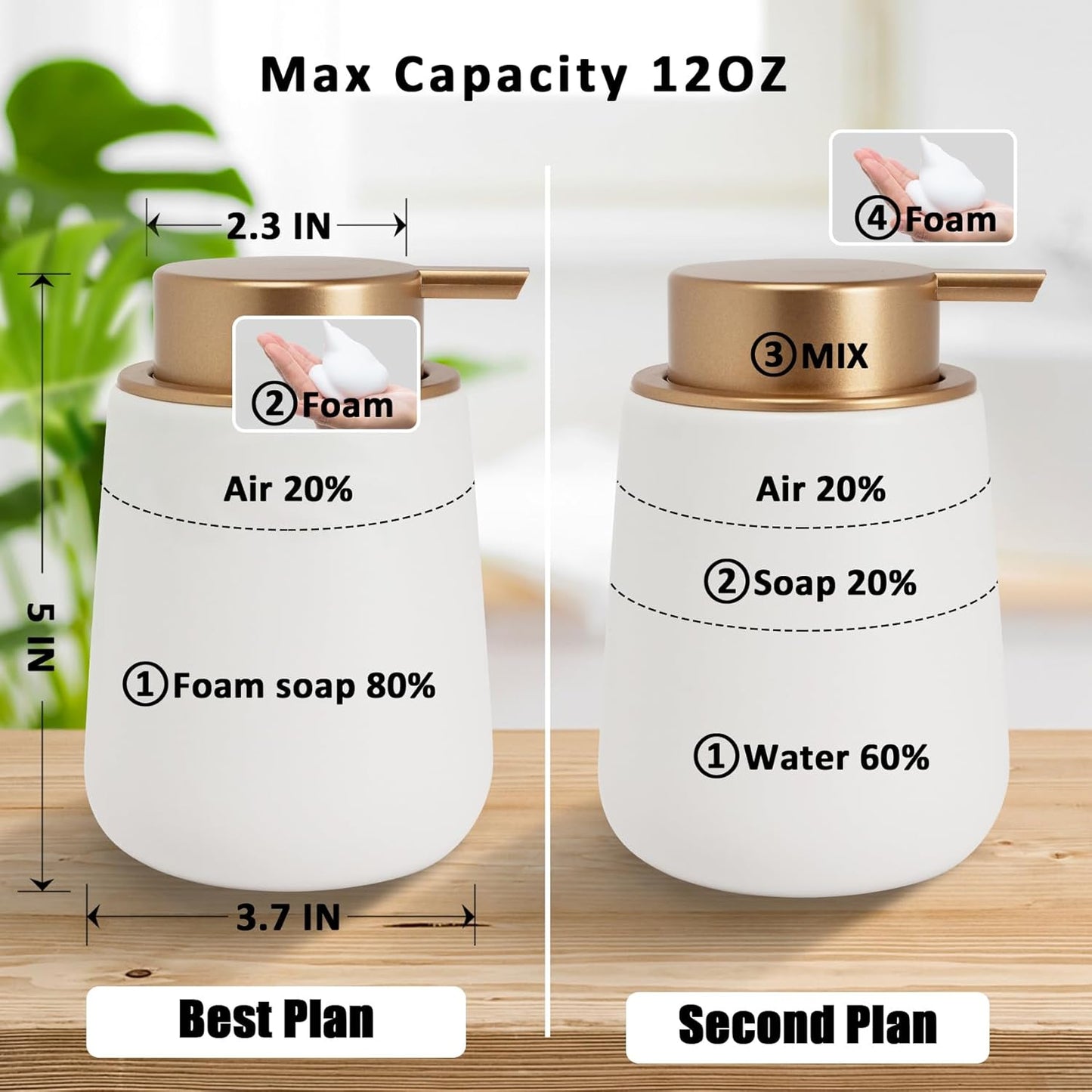 Soap Foaming Dispenser Ceramic with Easy-to-Press Pump Hand Foam Dispenser for Shampoo Bathroom Kitchen Hotel 12 oz