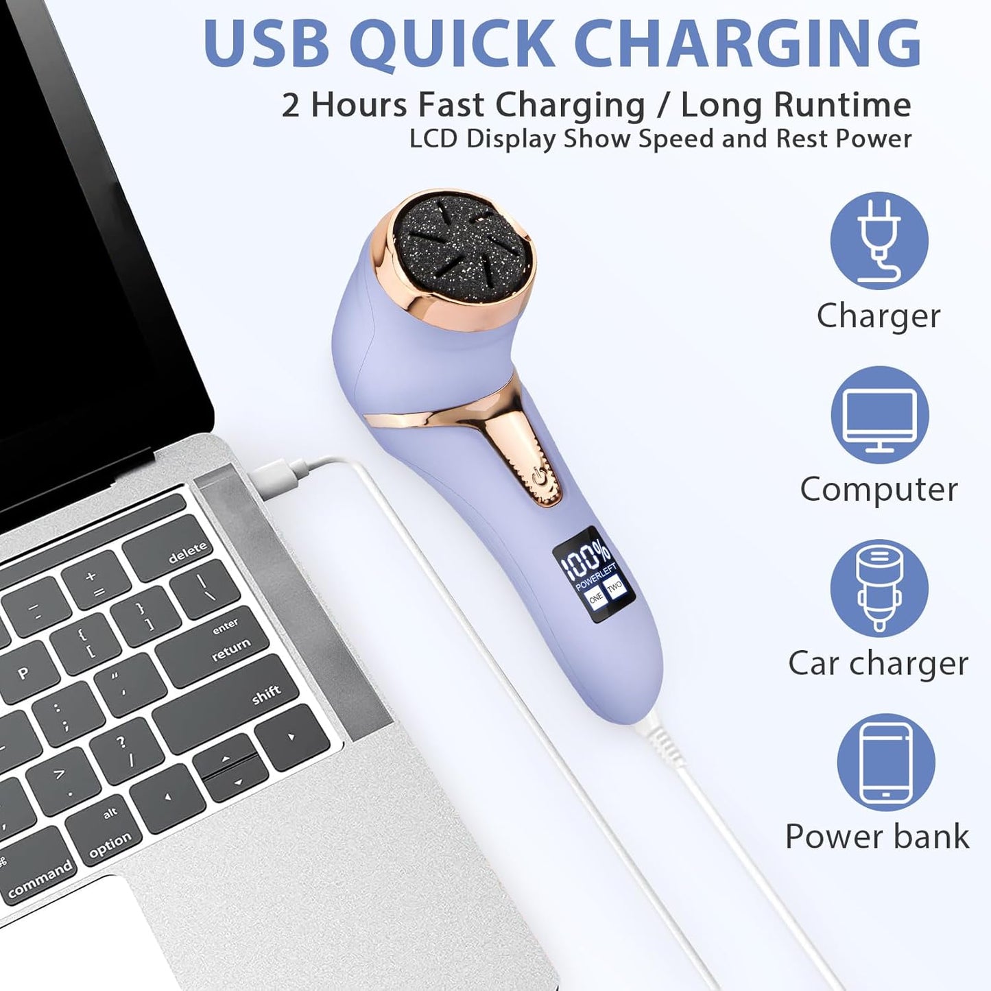 Callus Remover for Feet (with Dander Vacuum), Portable Pedicure Kit Foot File Callus Remover, Rechargeable Waterproof Foot File for Foot Care Deadskin Remover with 3Head&LCD Display, Purple