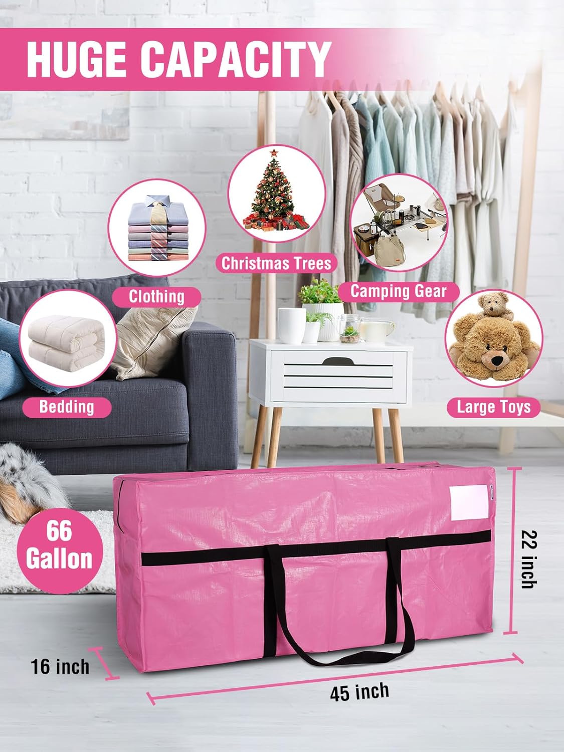 WORKPRO 66 Gallon Extra Large Moving Bags with Zippers, Carry Handles, Heavy-Duty, Water-Resistant Storage Totes for Moving & Space-Saving Organization, Pink