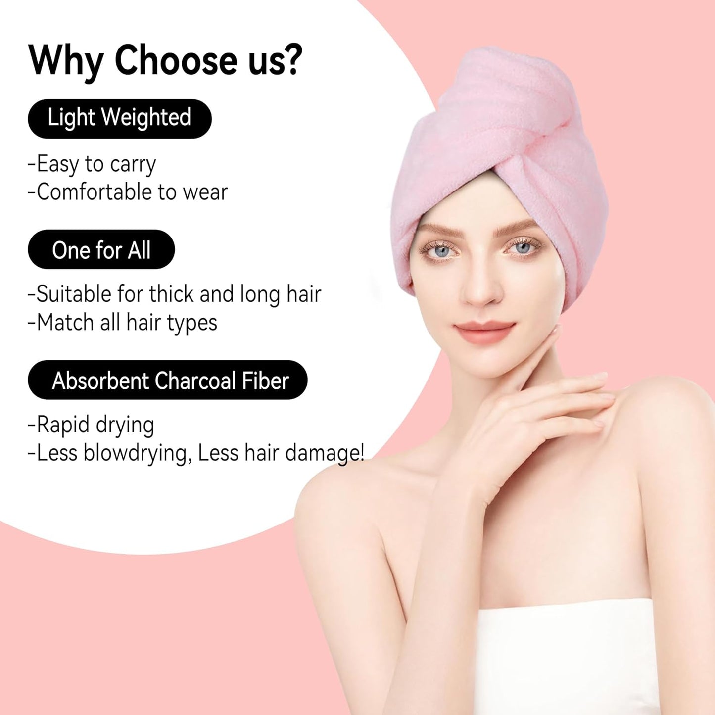 2 Pack Microfiber Hair Towel,Quick Dry Hair Towel Turbie Wrap for Women Kids,Super Absorbent Fast Head Wraps Drying Towel with Button for Wet Curly Hair(Pink 25.6x9.8 Inch)