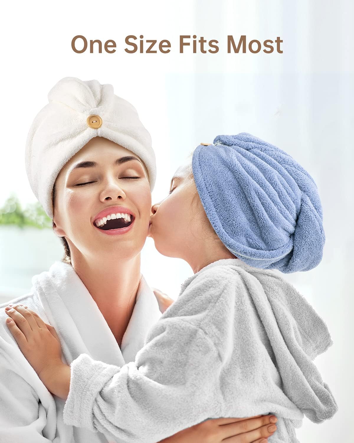 YFONG 3 Pack Hair Towel Wrap for Women with Button, Super Absorbent Microfiber Hair Towel for Wet Long Short Curly Hair, Soft Fast Drying Hair Turban Towel Anti Frizz（Blue, Pink, White）