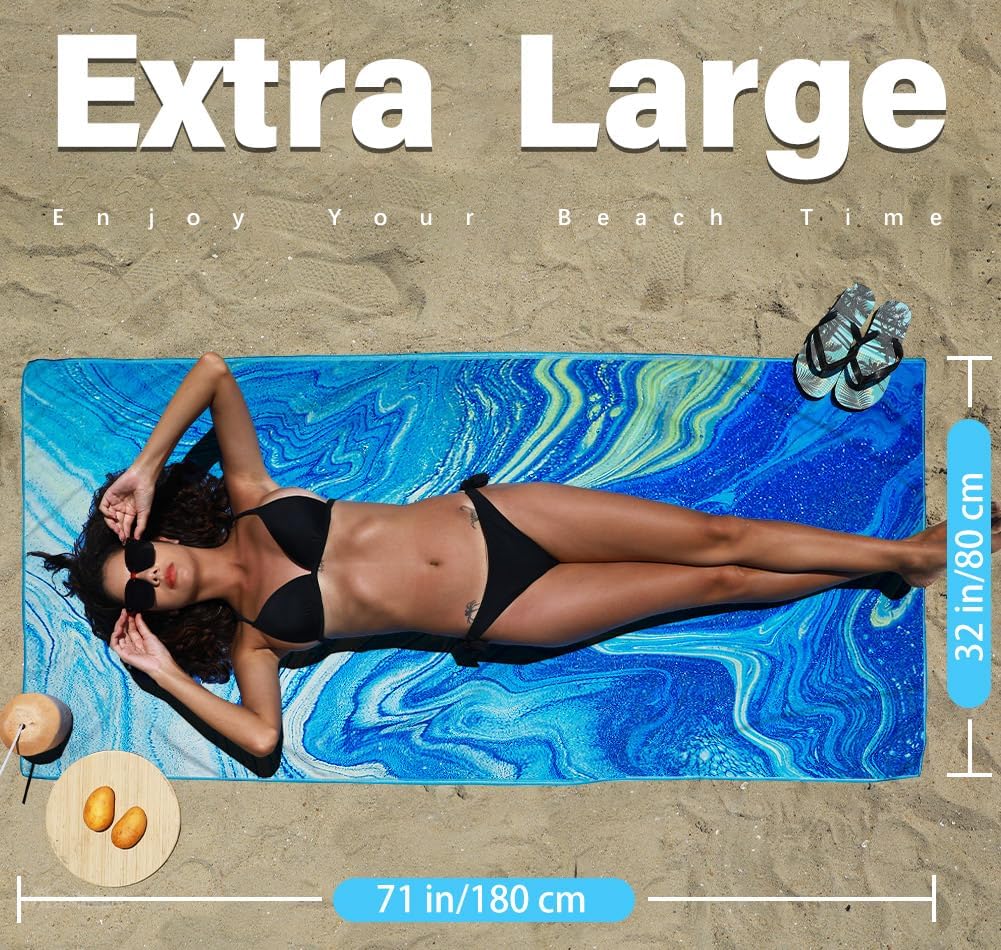 Microfiber Lightweight Thin Beach Towel Sand Free Quick Dry Compact Towels for Swimming Pool Camping Beach Accessories Large Easy Pack Travel Things for Vacation Essentials Gift Adult 32*71 Inch