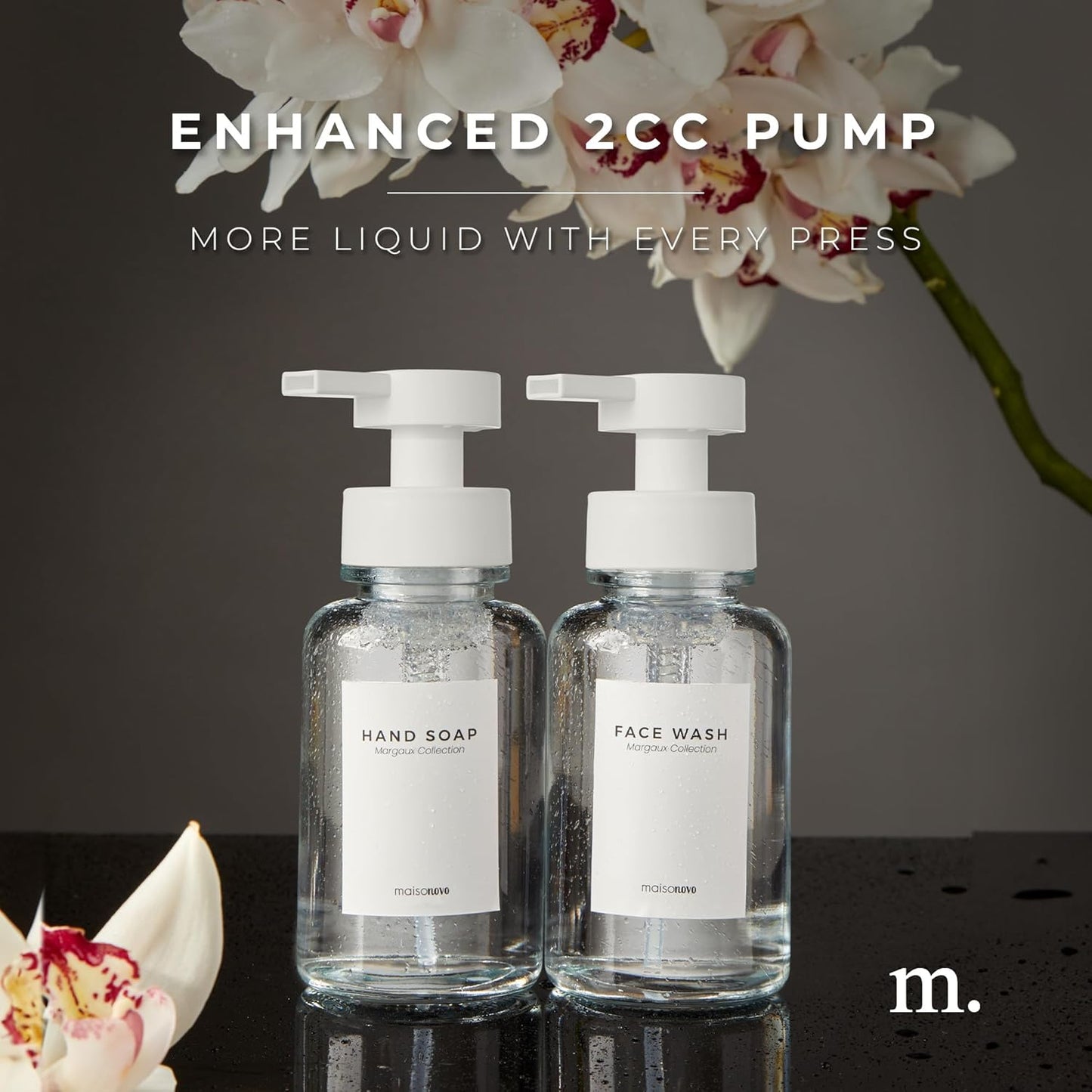 MaisoNovo Glass Foaming Soap Dispenser 14 Oz | Clear Glass White Plastic Pumps x 2