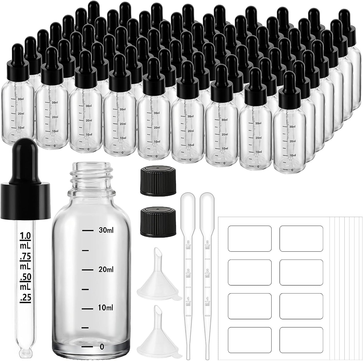 63 Pcs 1oz Clear Glass Dropper Bottles with Measurement, 30ml Leakproof Tincture Bottles with Funnels, Eye Droppers, Extra Caps & Labels, Refillable Empty Bottle for Tinctures, Essential Oils