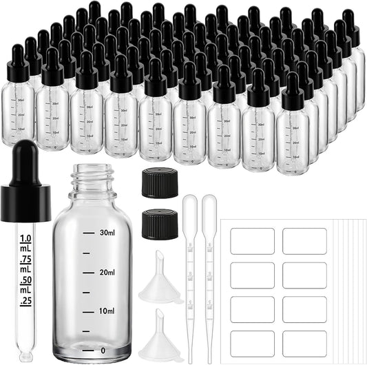 63 Pcs 1oz Clear Glass Dropper Bottles with Measurement, 30ml Leakproof Tincture Bottles with Funnels, Eye Droppers, Extra Caps & Labels, Refillable Empty Bottle for Tinctures, Essential Oils