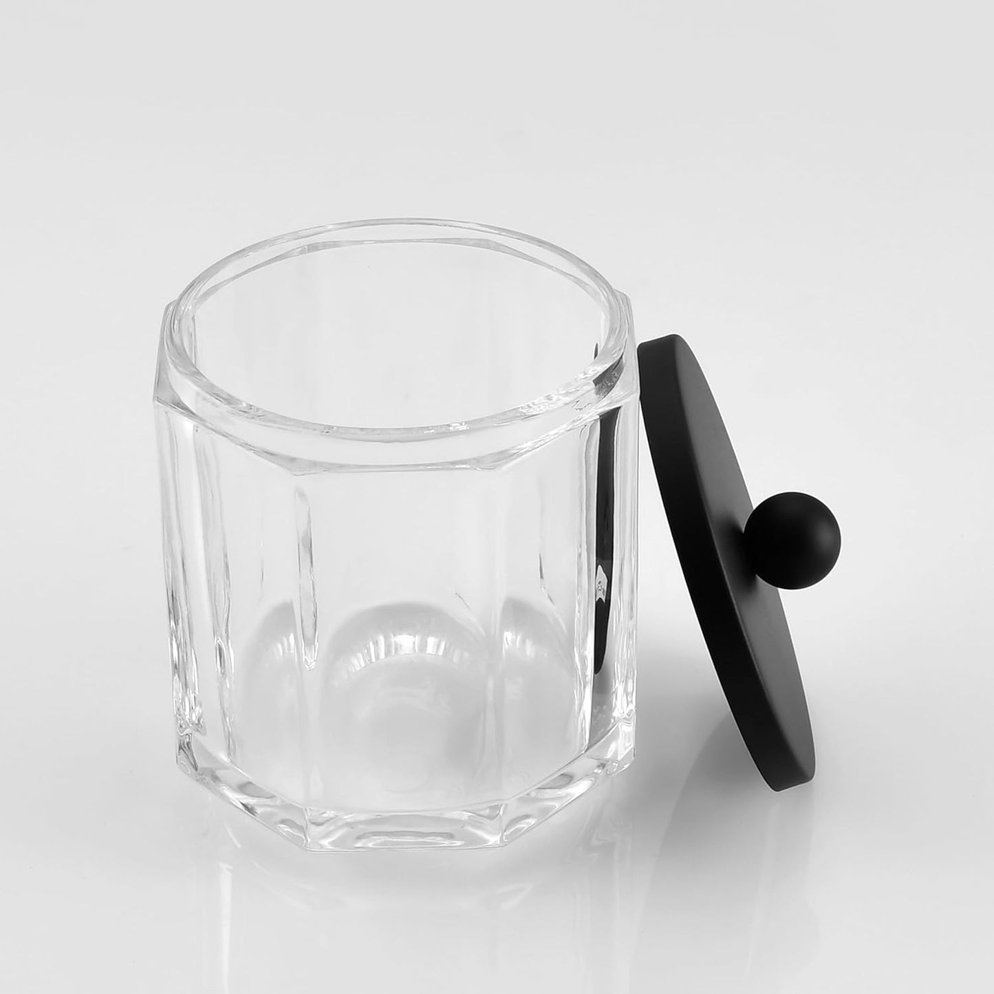 Home Glass Cotton Jar Holder Matte Black Lid, Elegant Bathroom Storage Canister for Qtips, Cotton Balls, Floss, Makeup Organizer, Vanity Bathroom Organization