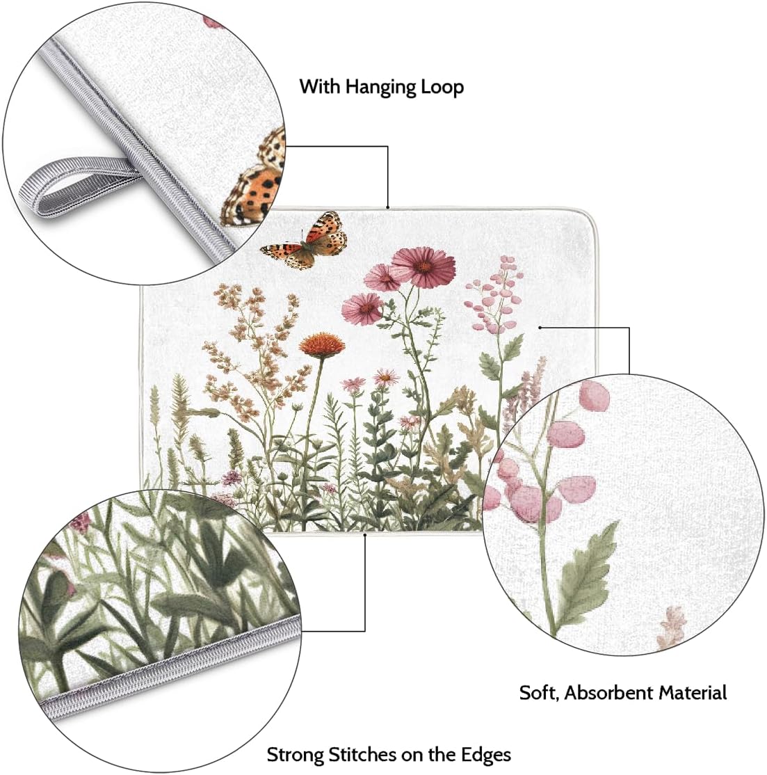 Dish Drying Mat Spring Botanical Butterfly Wildflowers Large Drying Mat for Kitchen Counter 18x24in Absorbent Dish Drainer Rack Pad, Heat Resistant Coffee Bar Mats Countertop Protector