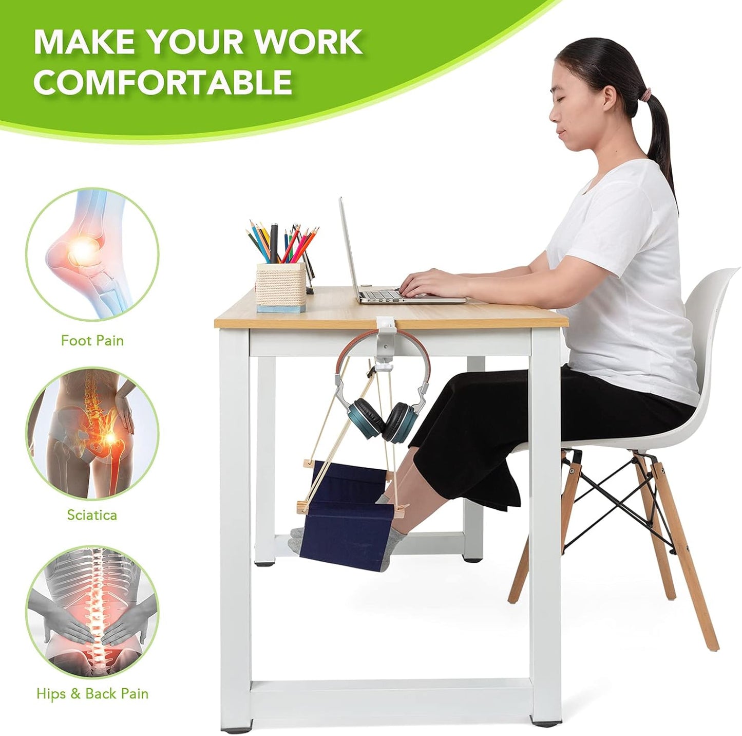 iMissiu Foot Hammock Under Desk Footrest, Adjustable Office Foot Rest Under Desk Hammock, Portable Desk Feet Hammock with Headphones Holder (Black)