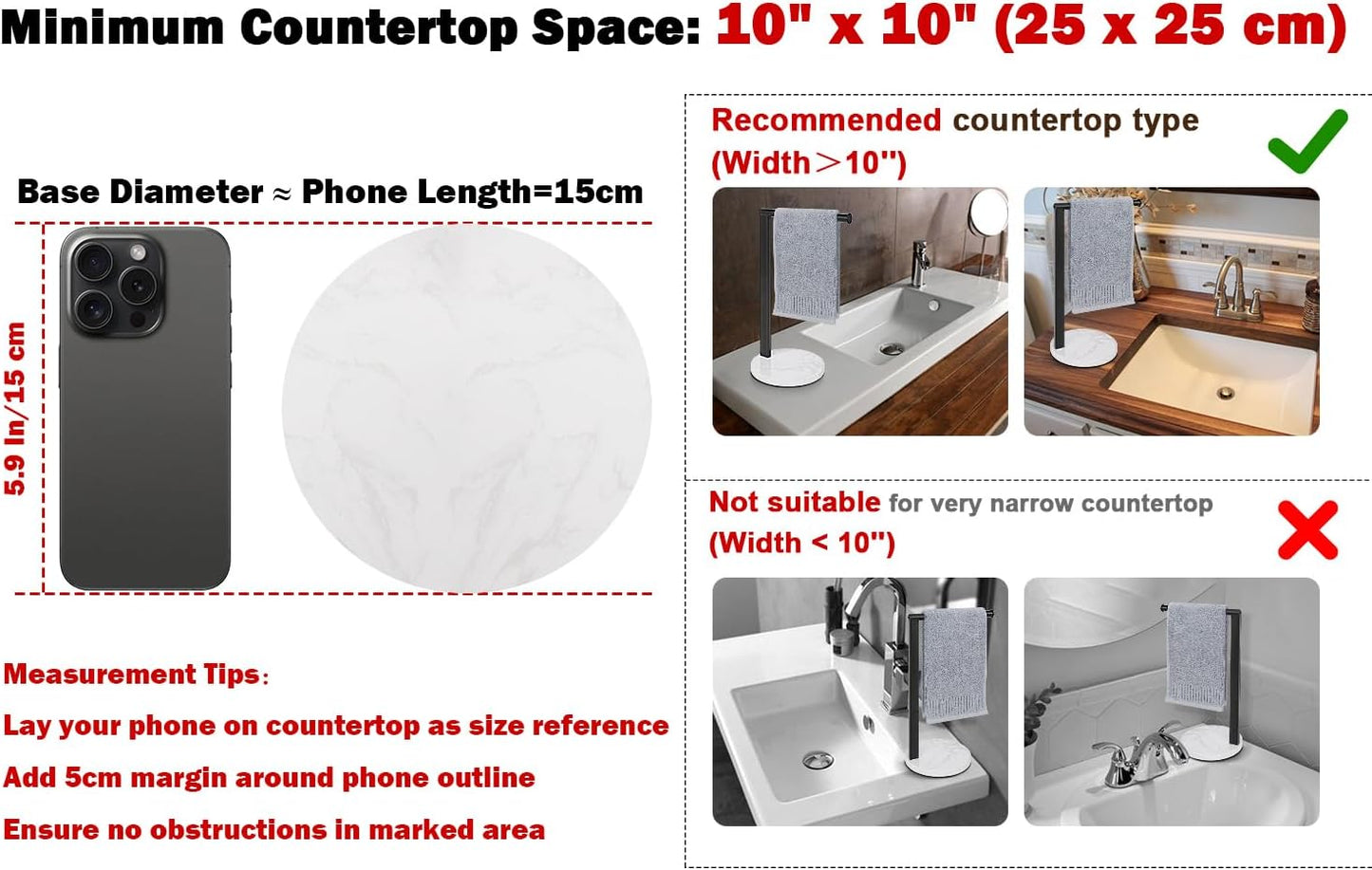 Hand Towel Holder Stand for Bathroom, L- Shaped Standing Hand Towel Rack, Towel Bar Kitchen Vanity Countertop Organizer, Metal Material (Marble Base,14' H Matte Black)