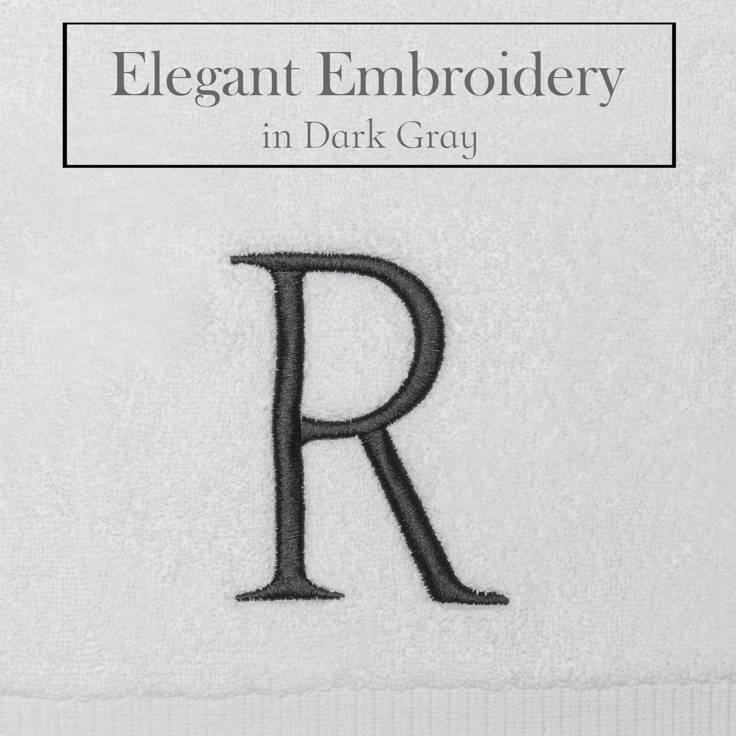 White Monogrammed Hand Towel - Monogram Initial Hotel Quality Decorative Embroidered Luxury Towel for Powder Room, Spa - GOTS Organic Certified - Set of 2 Dark Gray Letter R