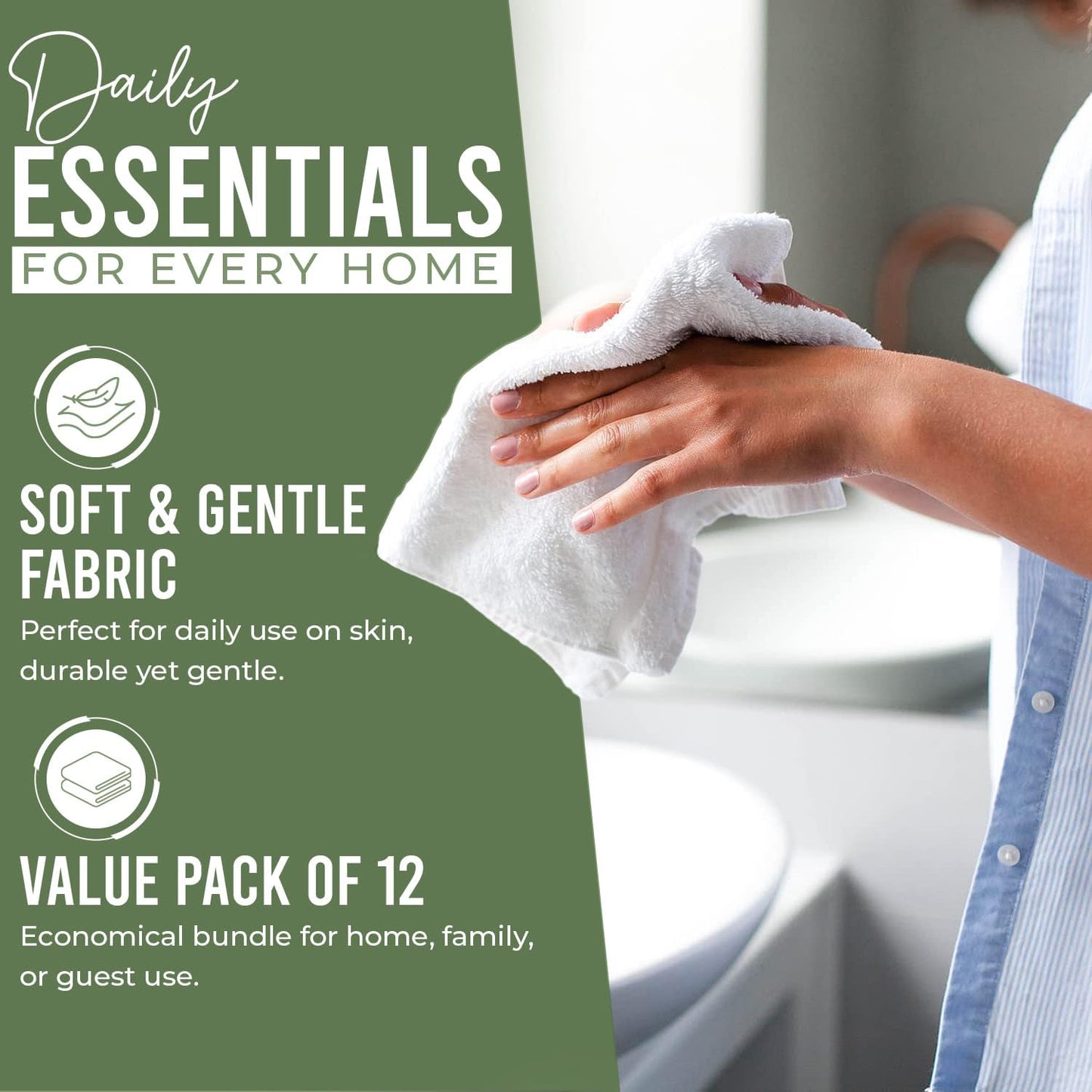DAN RIVER 100% Cotton Wash Cloths 12 Pack [12x12] Soft & Absorbent Soft face Towels, Gym, Hotels & Spa Perfect for Everyday Use Fingertip Towels, Sage Green