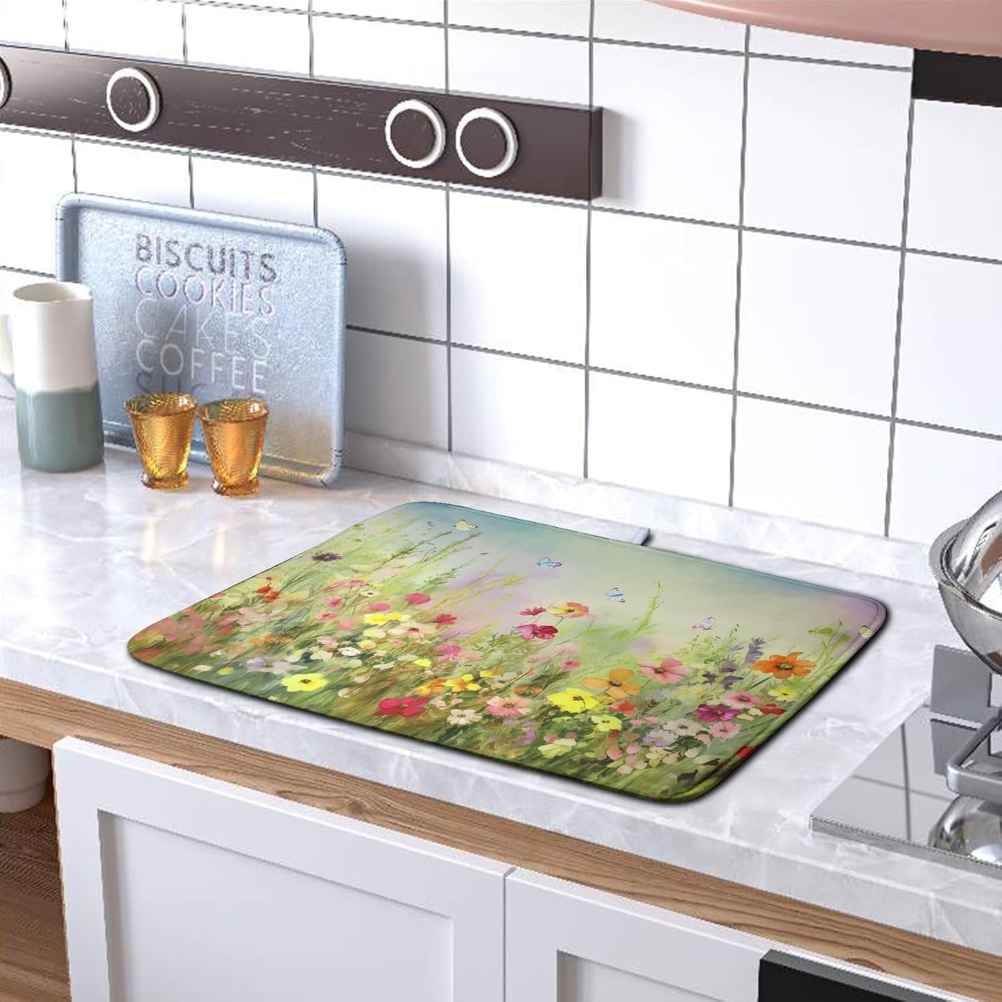 Spring Floral Dish Drying Mat for Kitchen Counter 16x18 Inch Sage Green Wild Flowers Drying Mats Spring Summer Plant Microfiber Absorbent Dish Rack Pad for Coffee Bar Sinks Home Accessories