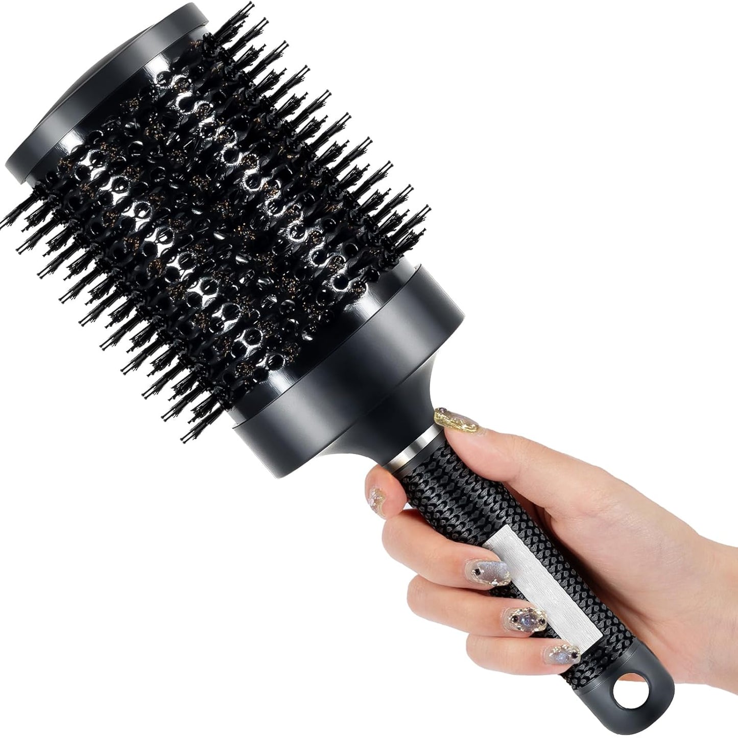SIMPOR Large Round Brush for Blow Out, Nano Thermal Ceramic & Ionic Tech Round Barrel Hair Brush with Boar Bristles, Roller for Blow Drying (Black, 4 inch, Barrel 2.7 Inch, 65mm)