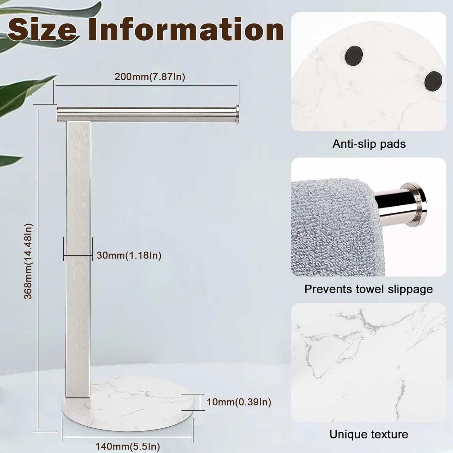 Hand Towel Holder Stand for Bathroom, L- Shaped Standing Hand Towel Rack, Towel Bar Kitchen Vanity Countertop Organizer, SUS304 Stainless Steel Material (Marble Base, Brushed Nickel)