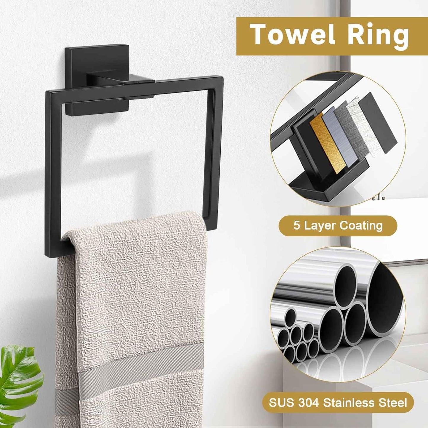 5 Pieces Bathroom Hardware Accessories Set Matte Black Towel Bar Set Towel Holder Racks Set for Bathroom,SUS304 Stainless Steel,Wall Mounted 23.6-Inch